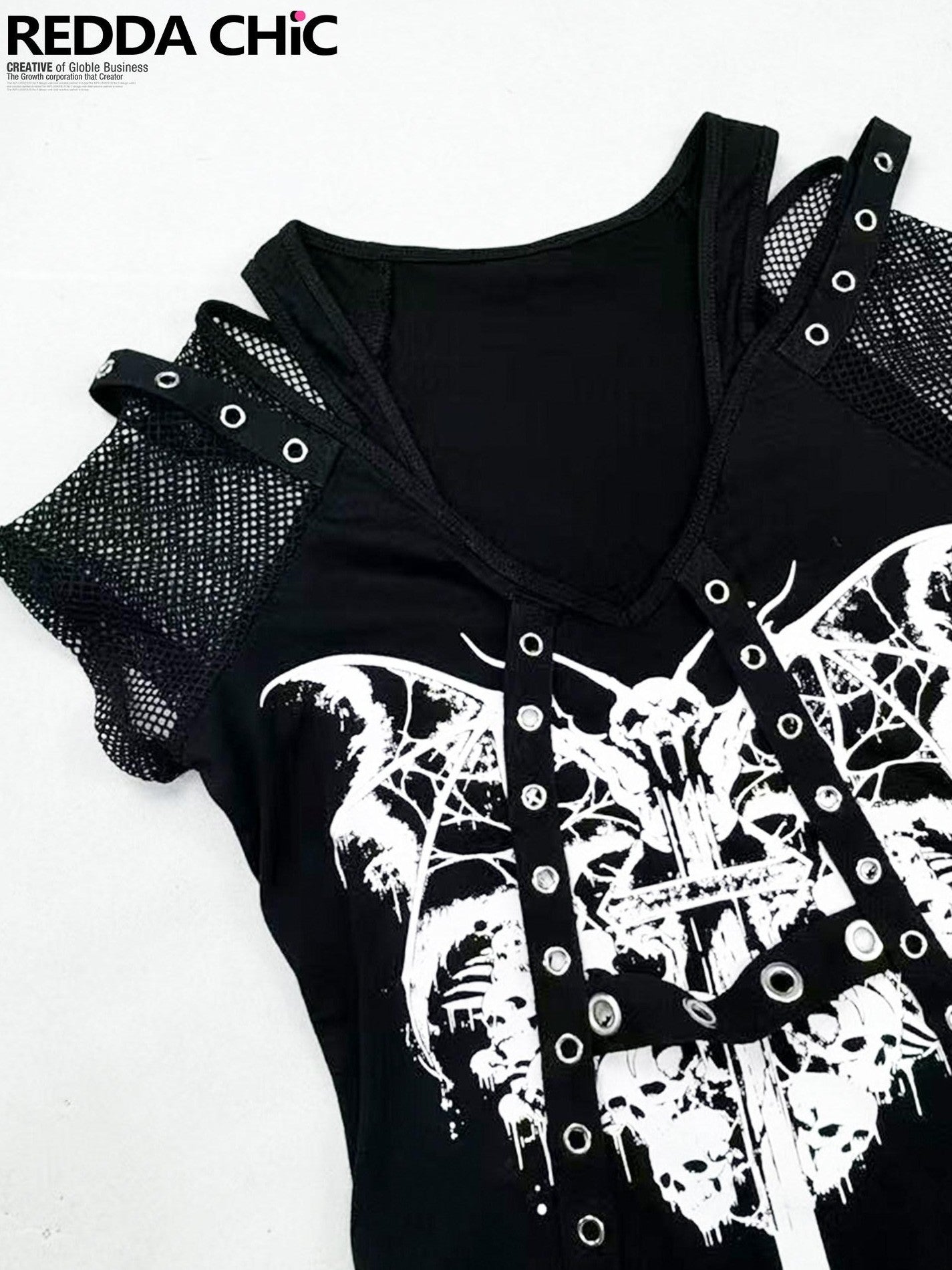 REDDACHIC Gothic Skull Asymmetrical Heavy Print Women'S Polyester Short Sleeve T-Shirts