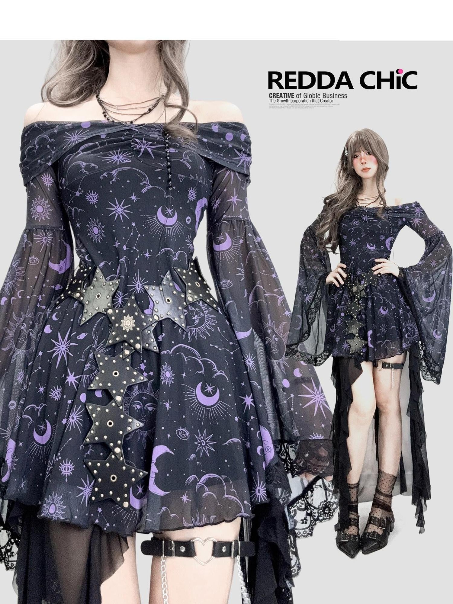 REDDACHIC Gothic Star Print Off Shoulder Bell Sleeve Women'S Mesh Aline Maxi Dresses