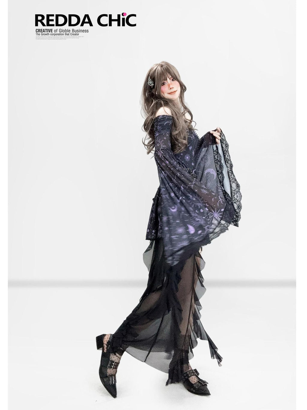 REDDACHIC Gothic Star Print Off Shoulder Bell Sleeve Women'S Mesh Aline Maxi Dresses