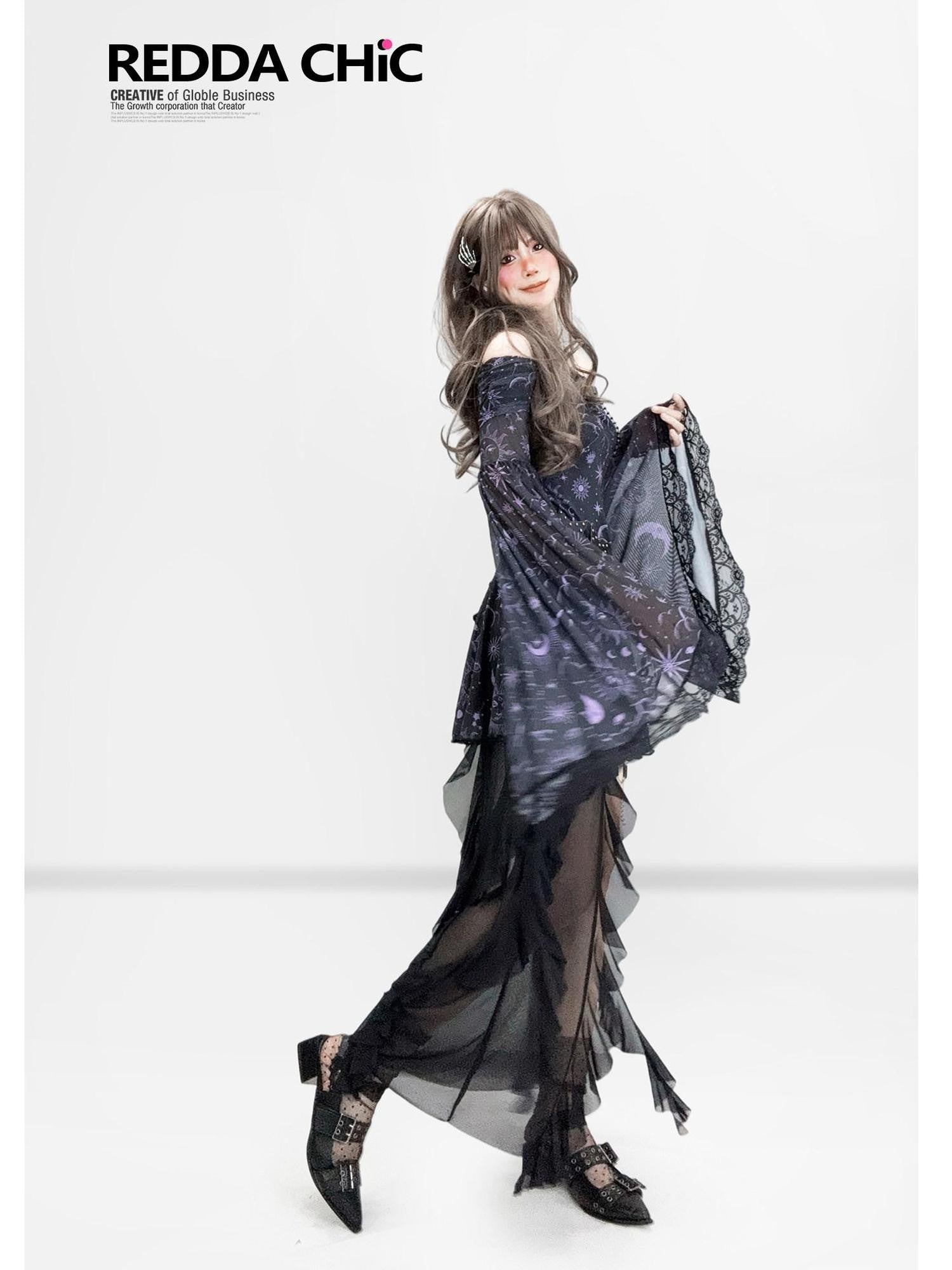REDDACHIC Gothic Star Print Off Shoulder Bell Sleeve Women'S Mesh Aline Maxi Dresses