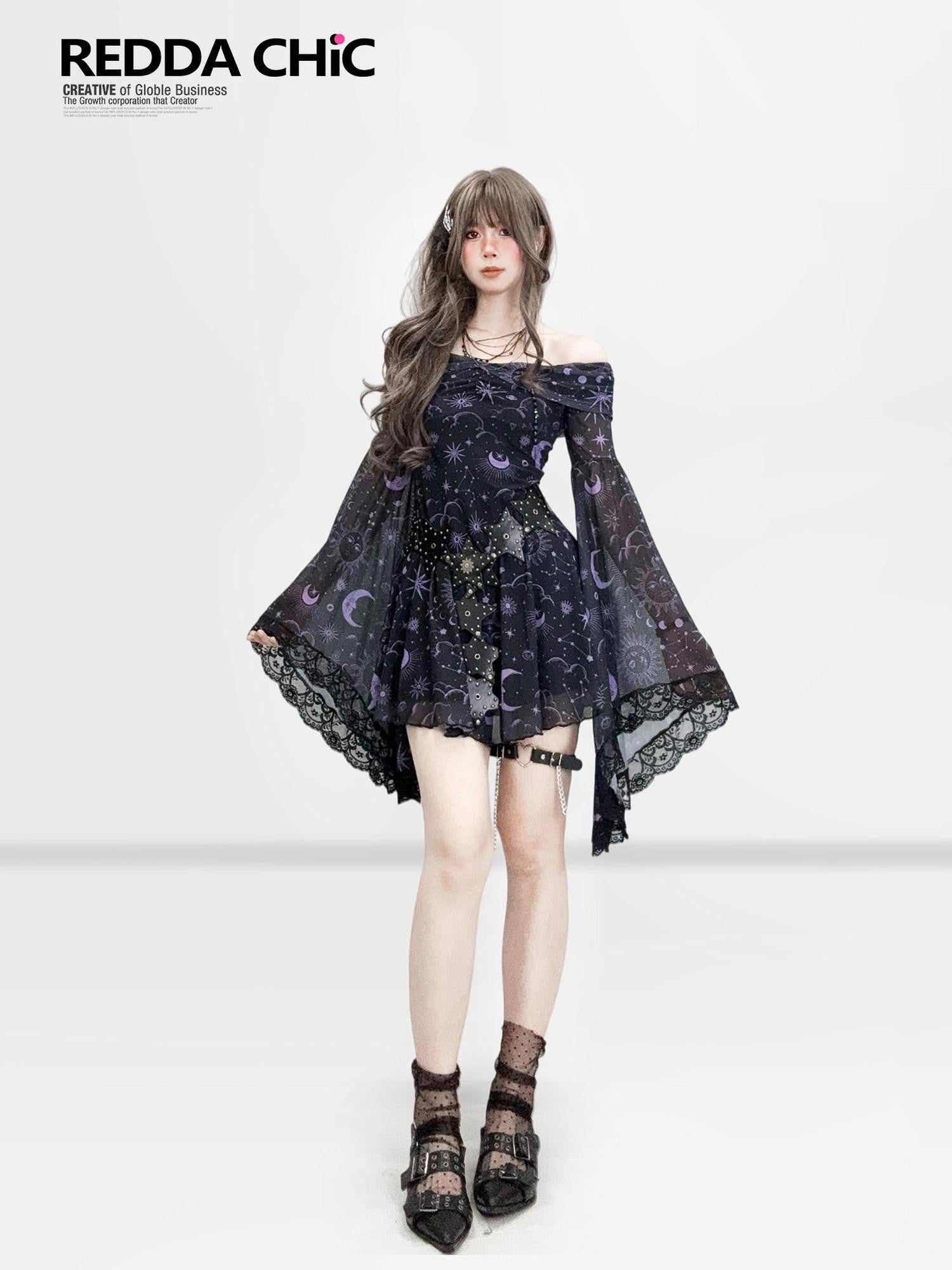 REDDACHIC Gothic Star Print Off Shoulder Bell Sleeve Women'S Mesh Aline Maxi Dresses