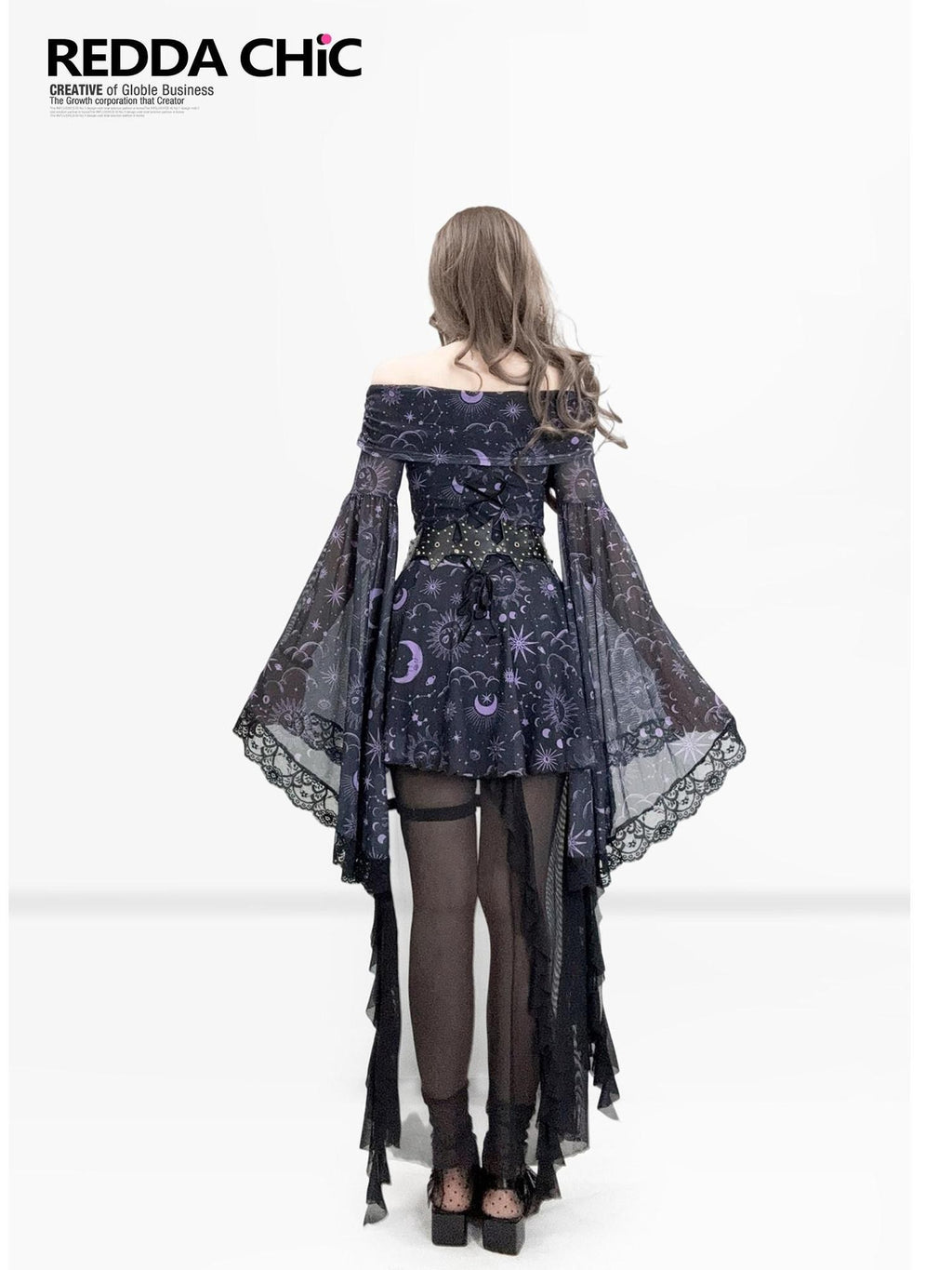 REDDACHIC Gothic Star Print Off Shoulder Bell Sleeve Women'S Mesh Aline Maxi Dresses