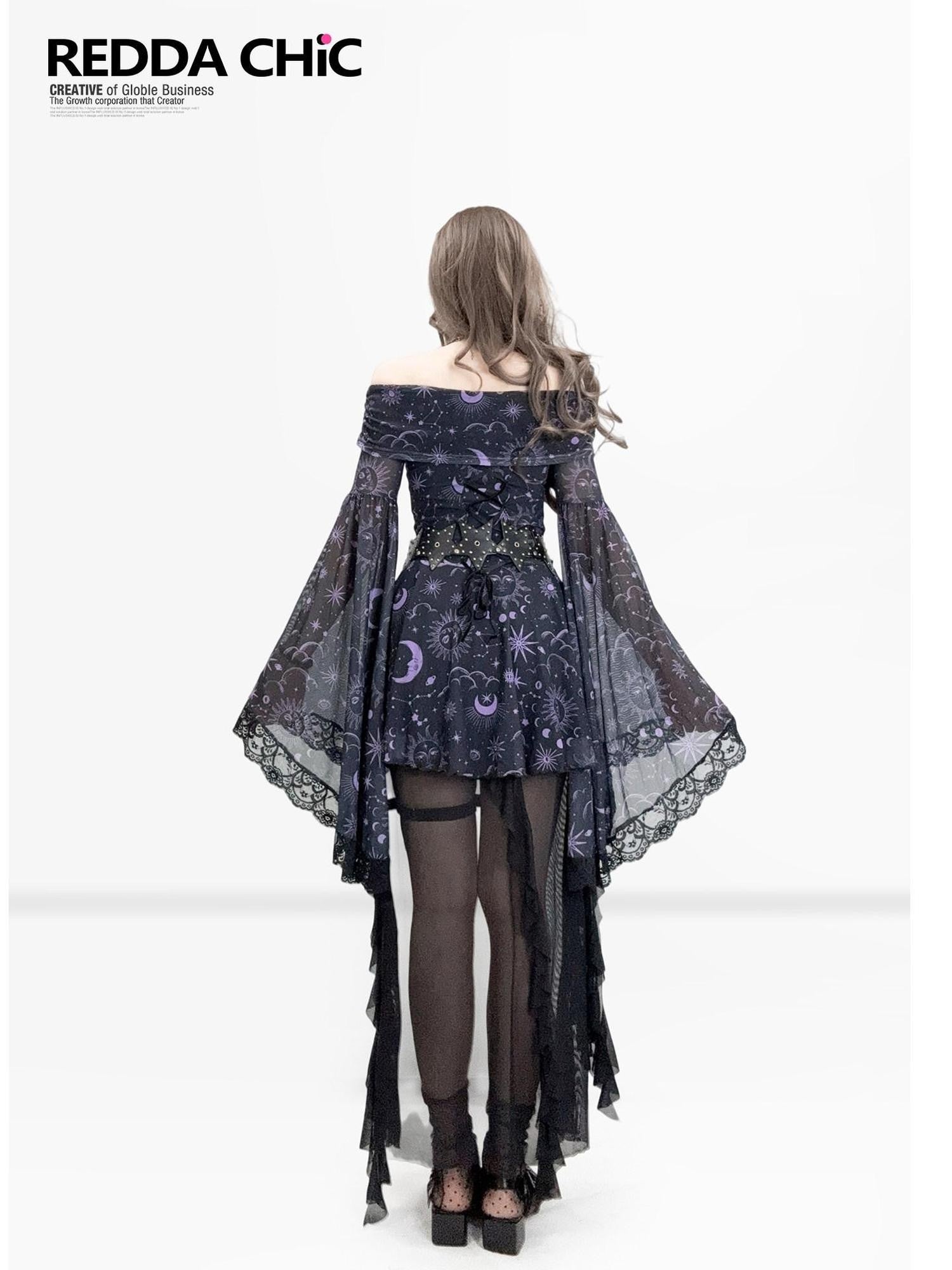 REDDACHIC Gothic Star Print Off Shoulder Bell Sleeve Women'S Mesh Aline Maxi Dresses
