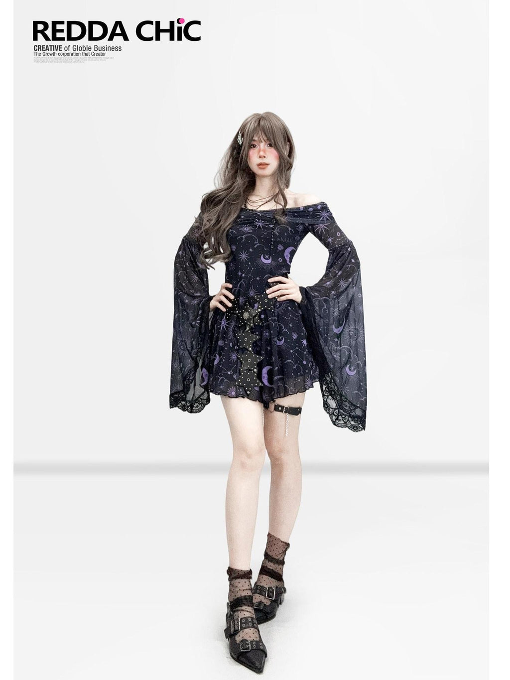 REDDACHIC Gothic Star Print Off Shoulder Bell Sleeve Women'S Mesh Aline Maxi Dresses