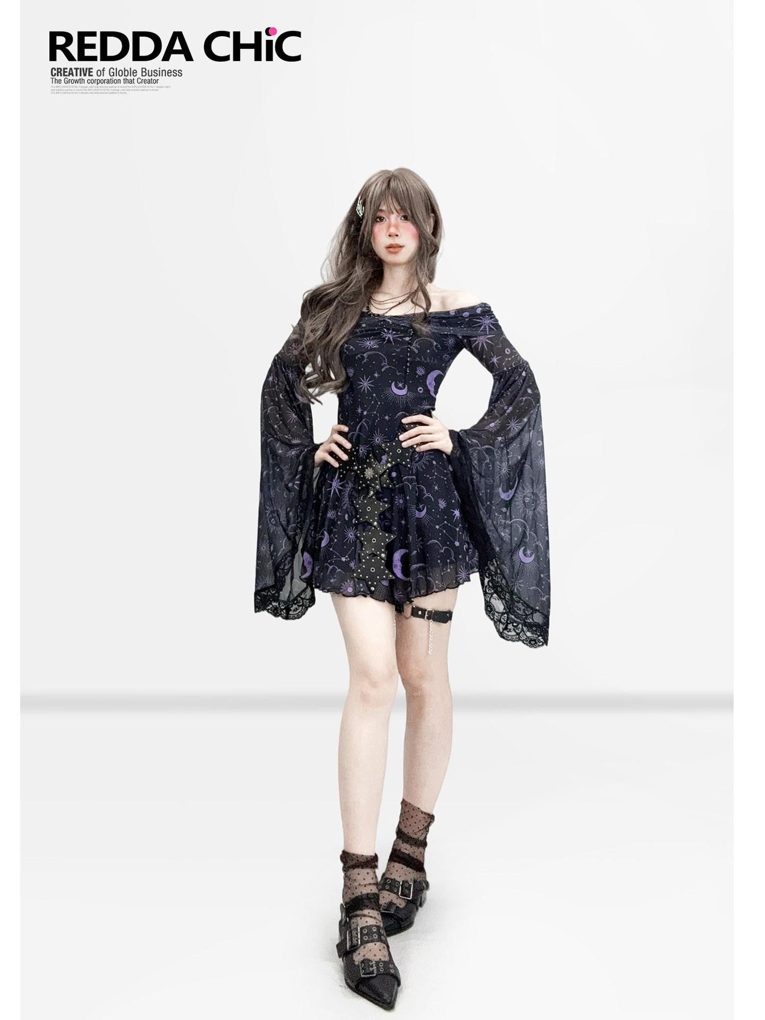 REDDACHIC Gothic Star Print Off Shoulder Bell Sleeve Women'S Mesh Aline Maxi Dresses