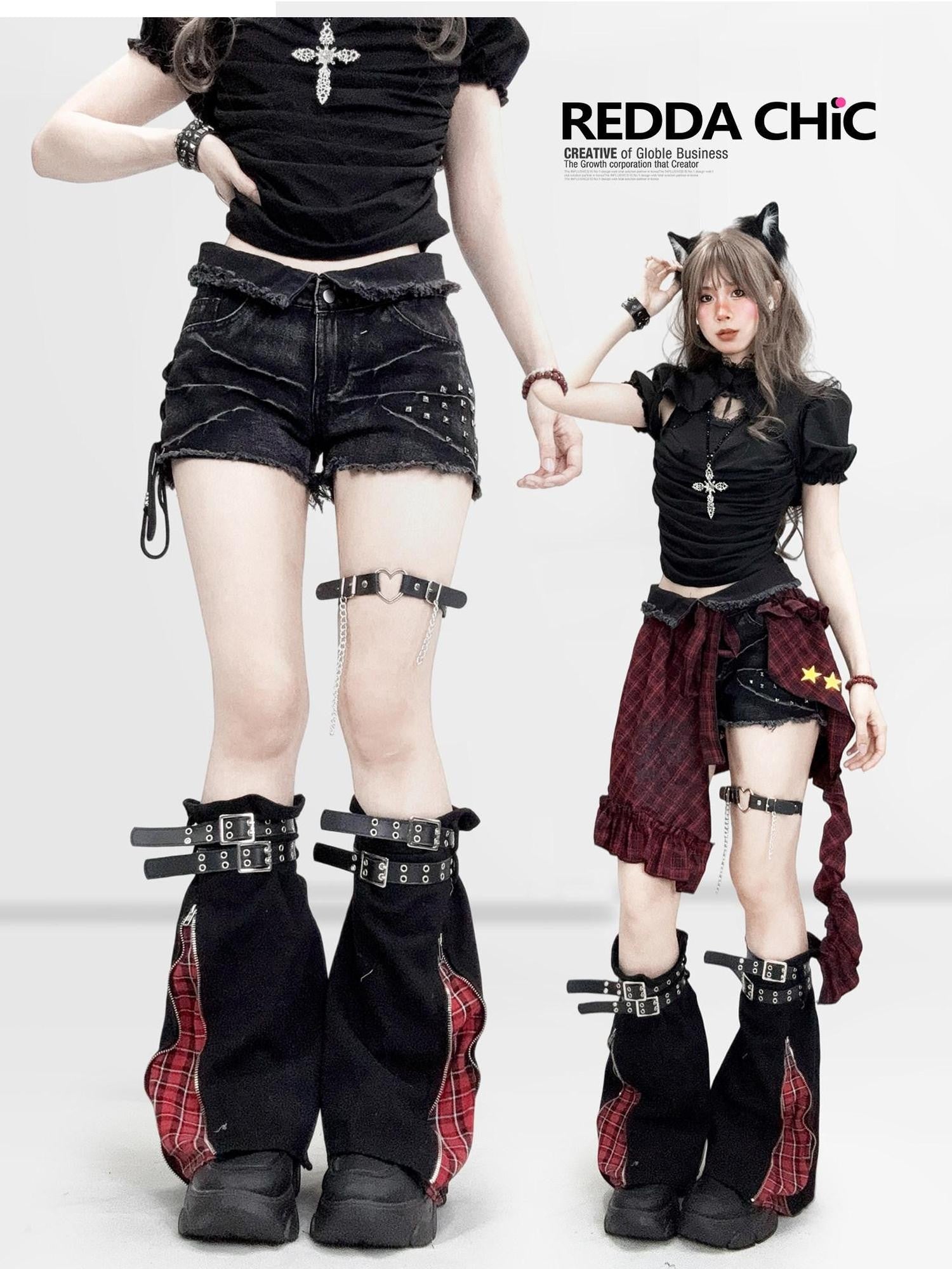REDDACHIC Gothic Tie Dye Studded Frayed Hem Wide Leg Women'S Denim Shorts