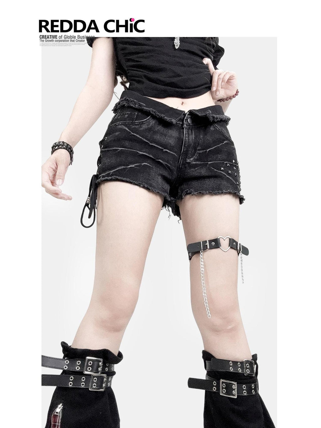REDDACHIC Gothic Tie Dye Studded Frayed Hem Wide Leg Women'S Denim Shorts