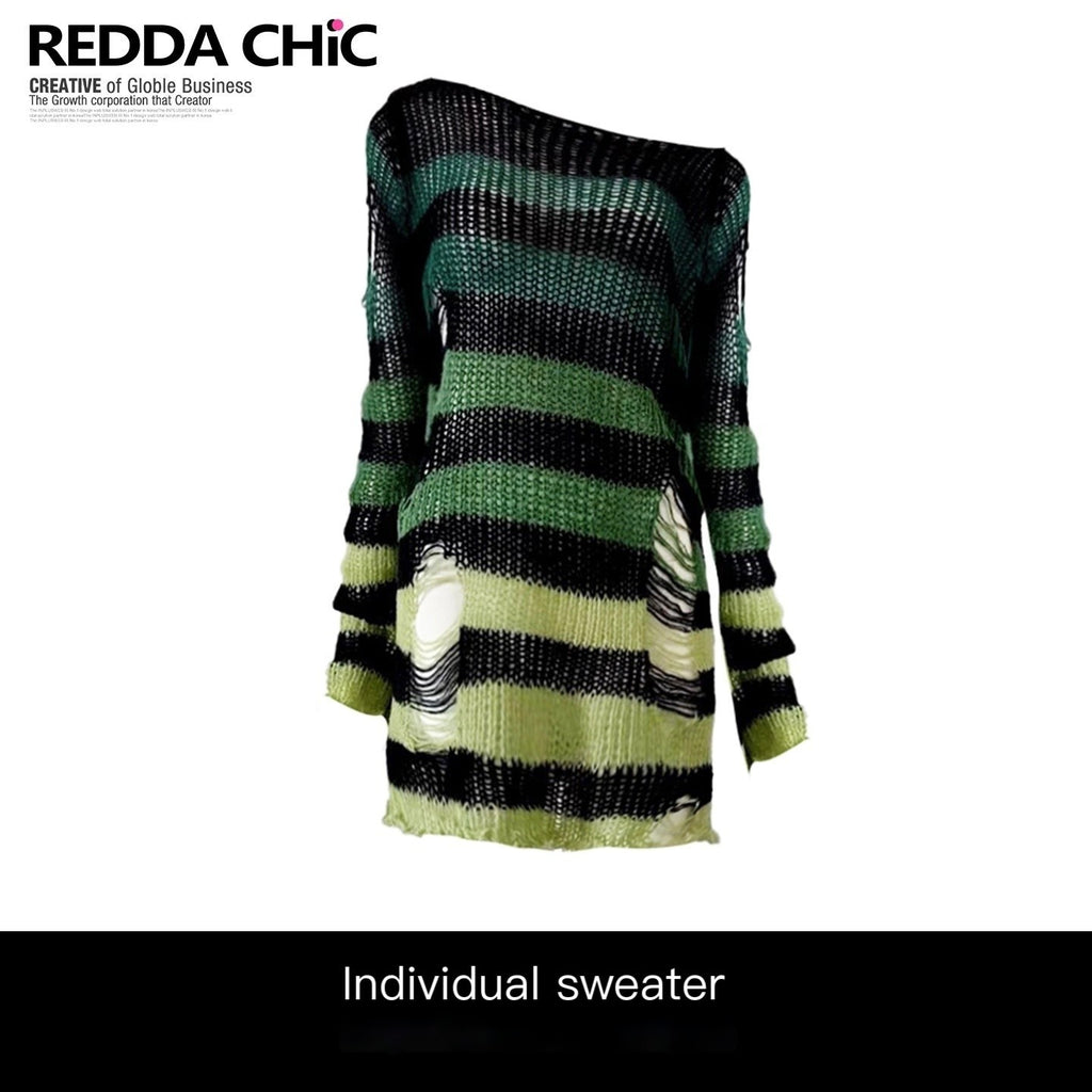 REDDACHIC_Gradient_Green_Striped_Colorblock_Distressed_Women'S_Knit_Sweaters_MISSTT