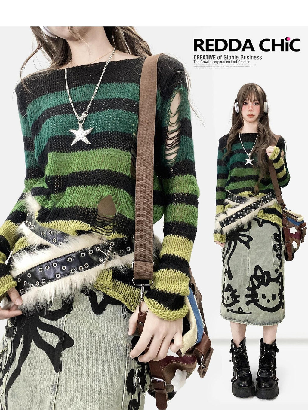 REDDACHIC Gradient Green Striped Colorblock Distressed Women'S Knit Sweaters