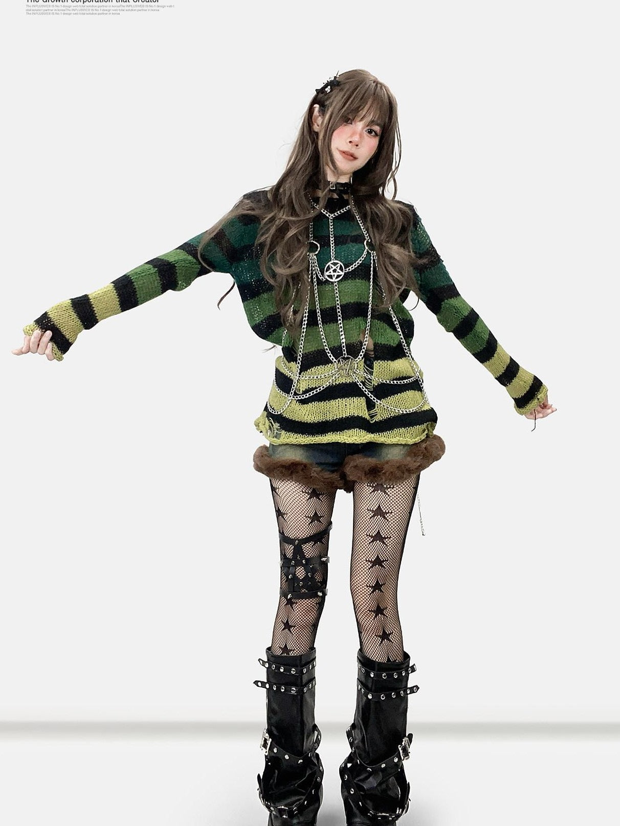 REDDACHIC Gradient Green Striped Colorblock Distressed Women'S Knit Sweaters