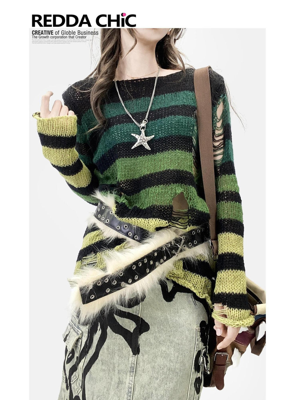 REDDACHIC Gradient Green Striped Colorblock Distressed Women'S Knit Sweaters