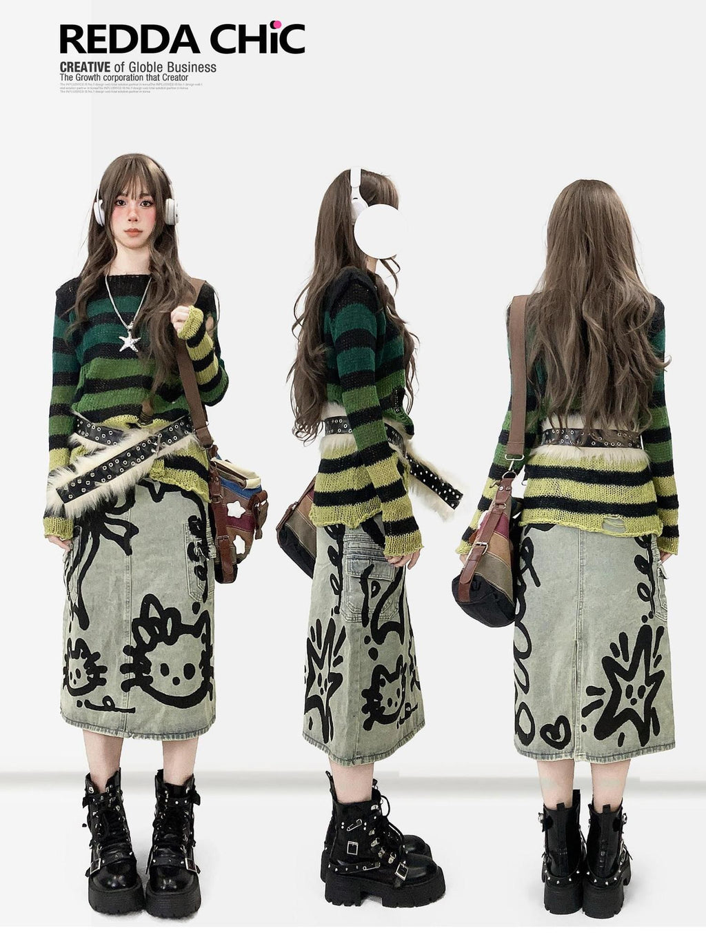 REDDACHIC Gradient Green Striped Colorblock Distressed Women'S Knit Sweaters