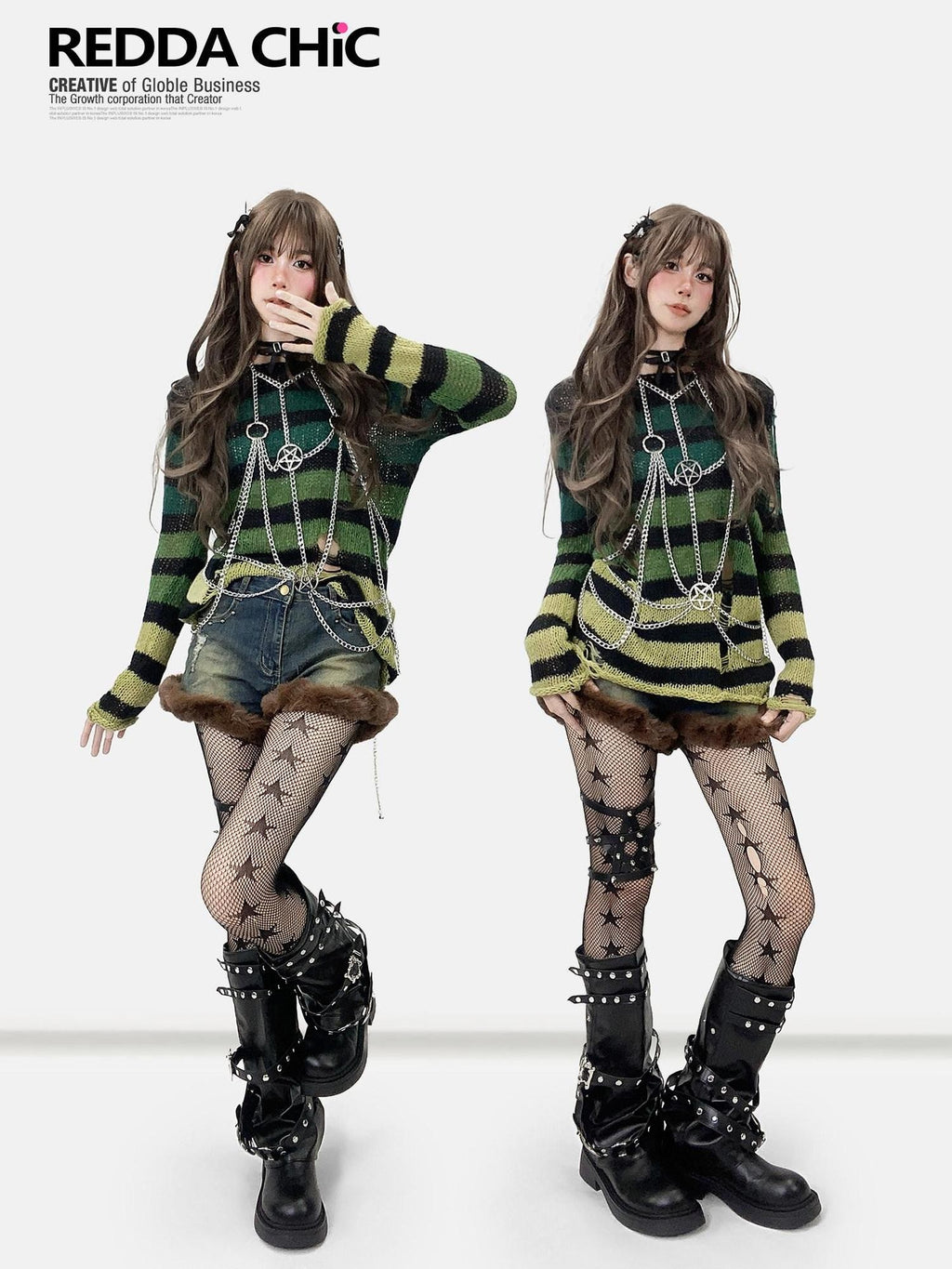 REDDACHIC Gradient Green Striped Colorblock Distressed Women'S Knit Sweaters