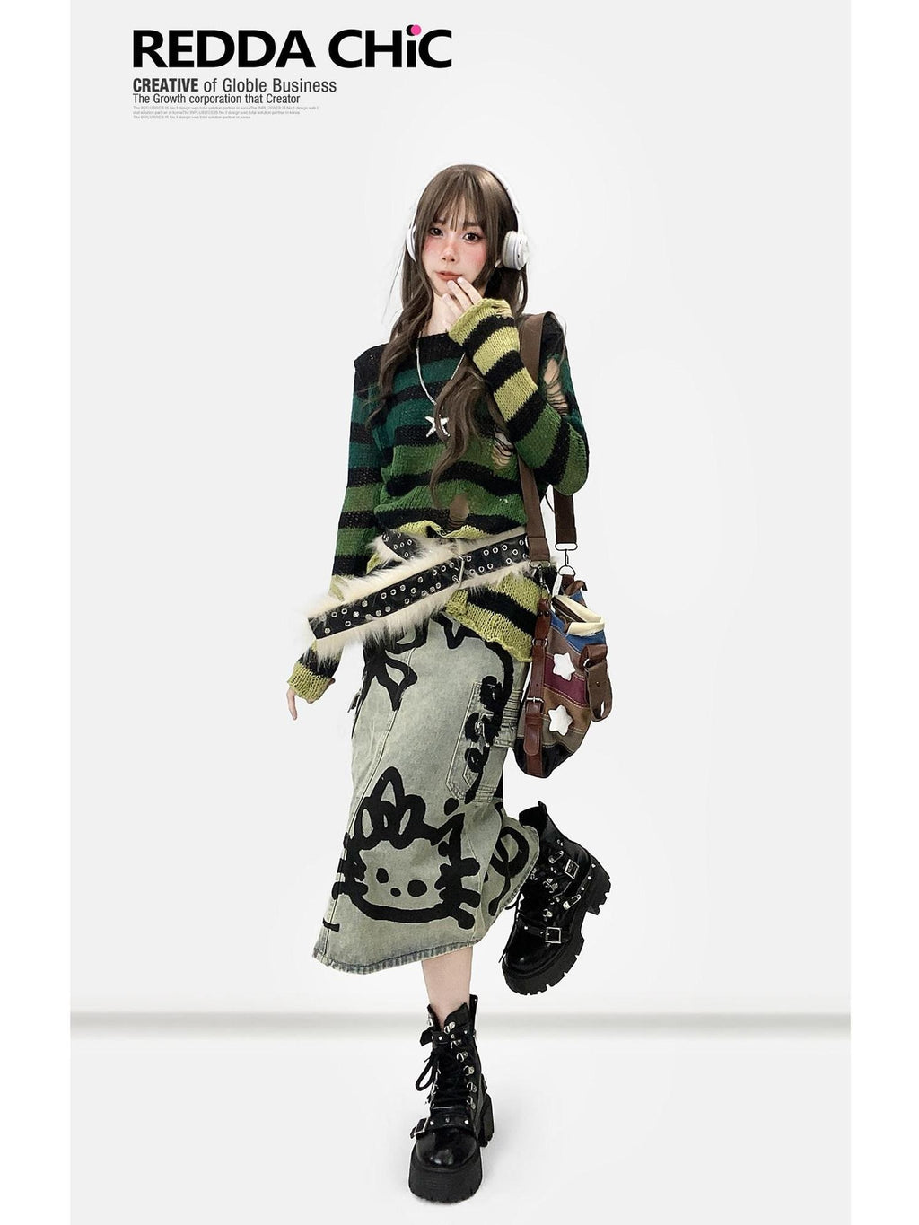 REDDACHIC Gradient Green Striped Colorblock Distressed Women'S Knit Sweaters