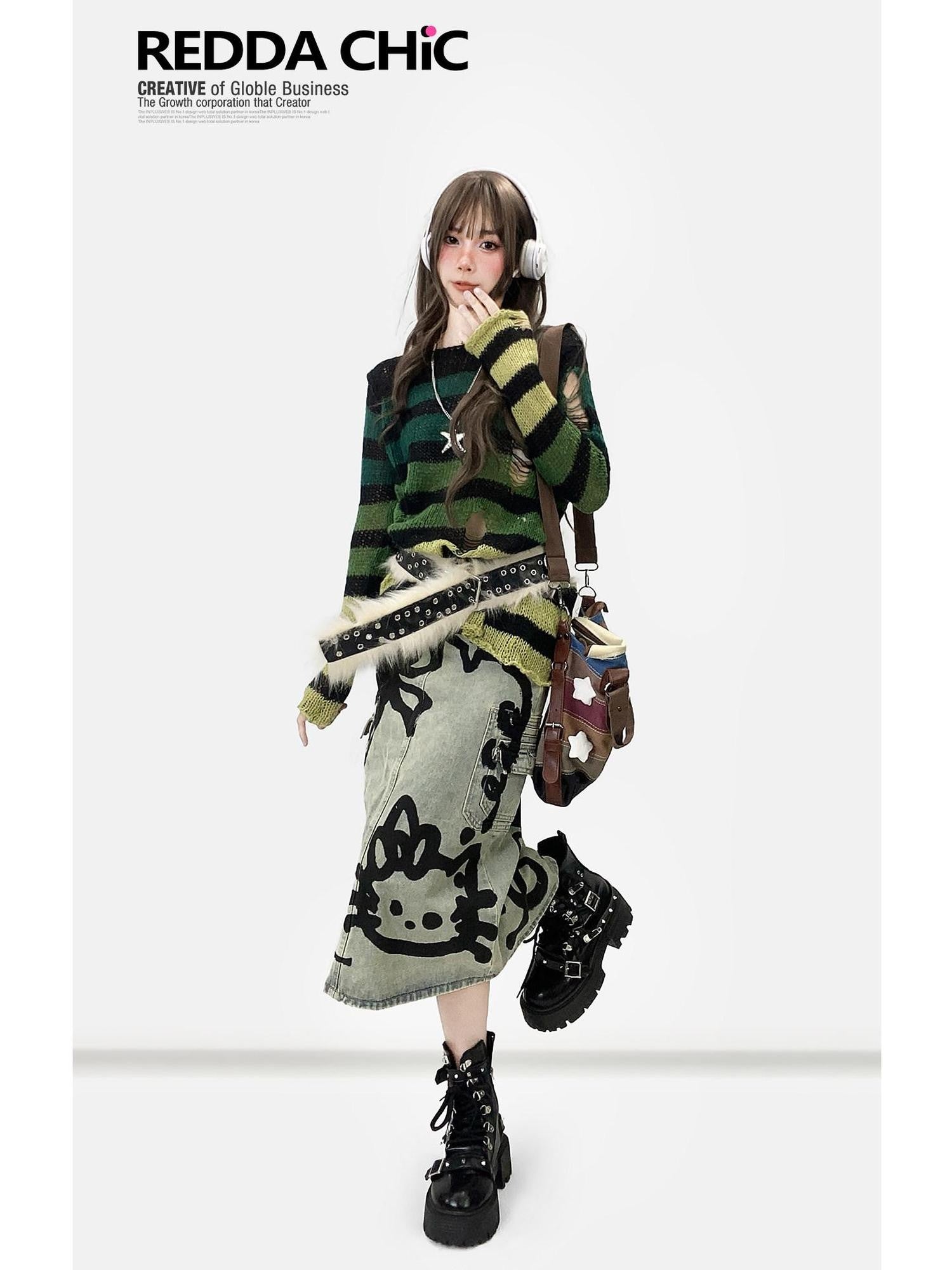 REDDACHIC Gradient Green Striped Colorblock Distressed Women'S Knit Sweaters