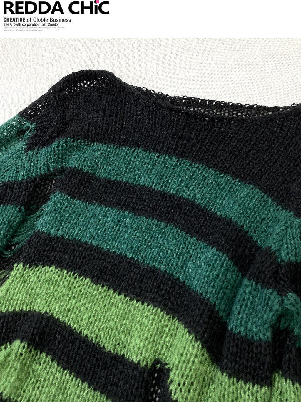 REDDACHIC Gradient Green Striped Colorblock Distressed Women'S Knit Sweaters