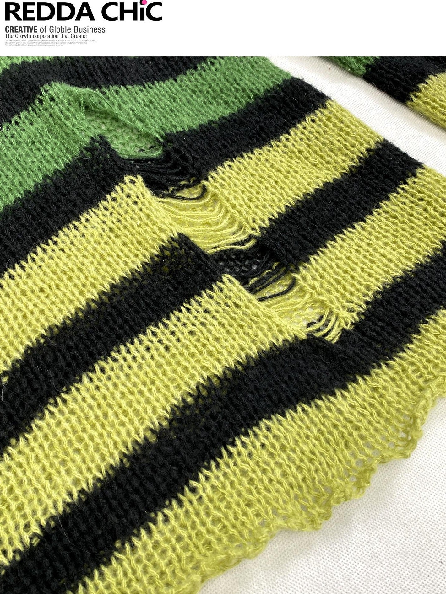 REDDACHIC Gradient Green Striped Colorblock Distressed Women'S Knit Sweaters