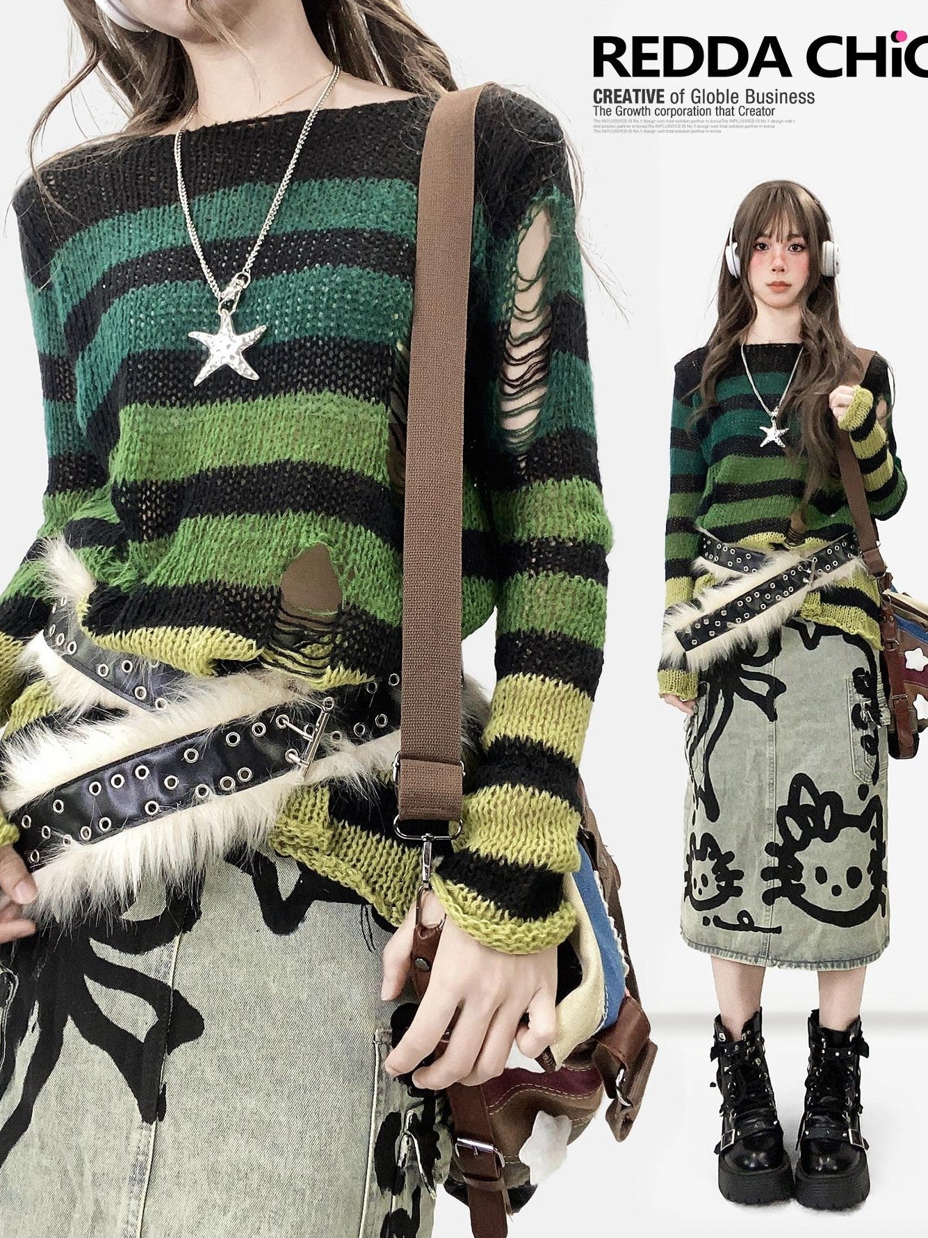 REDDACHIC Gradient Green Striped Colorblock Distressed Women'S Knit Sweaters