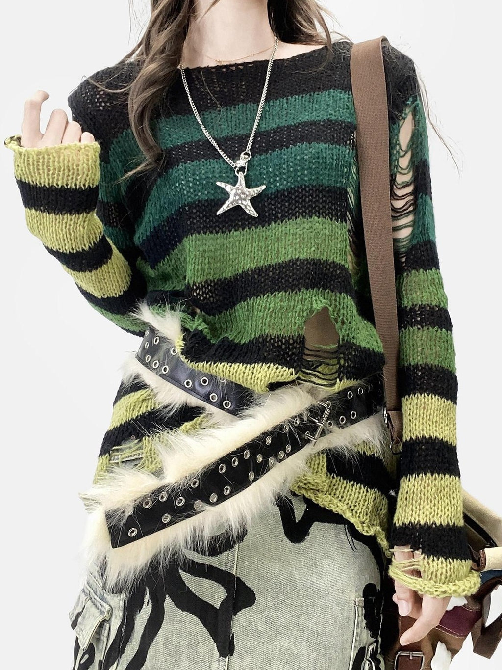 REDDACHIC Gradient Green Striped Colorblock Distressed Women'S Knit Sweaters