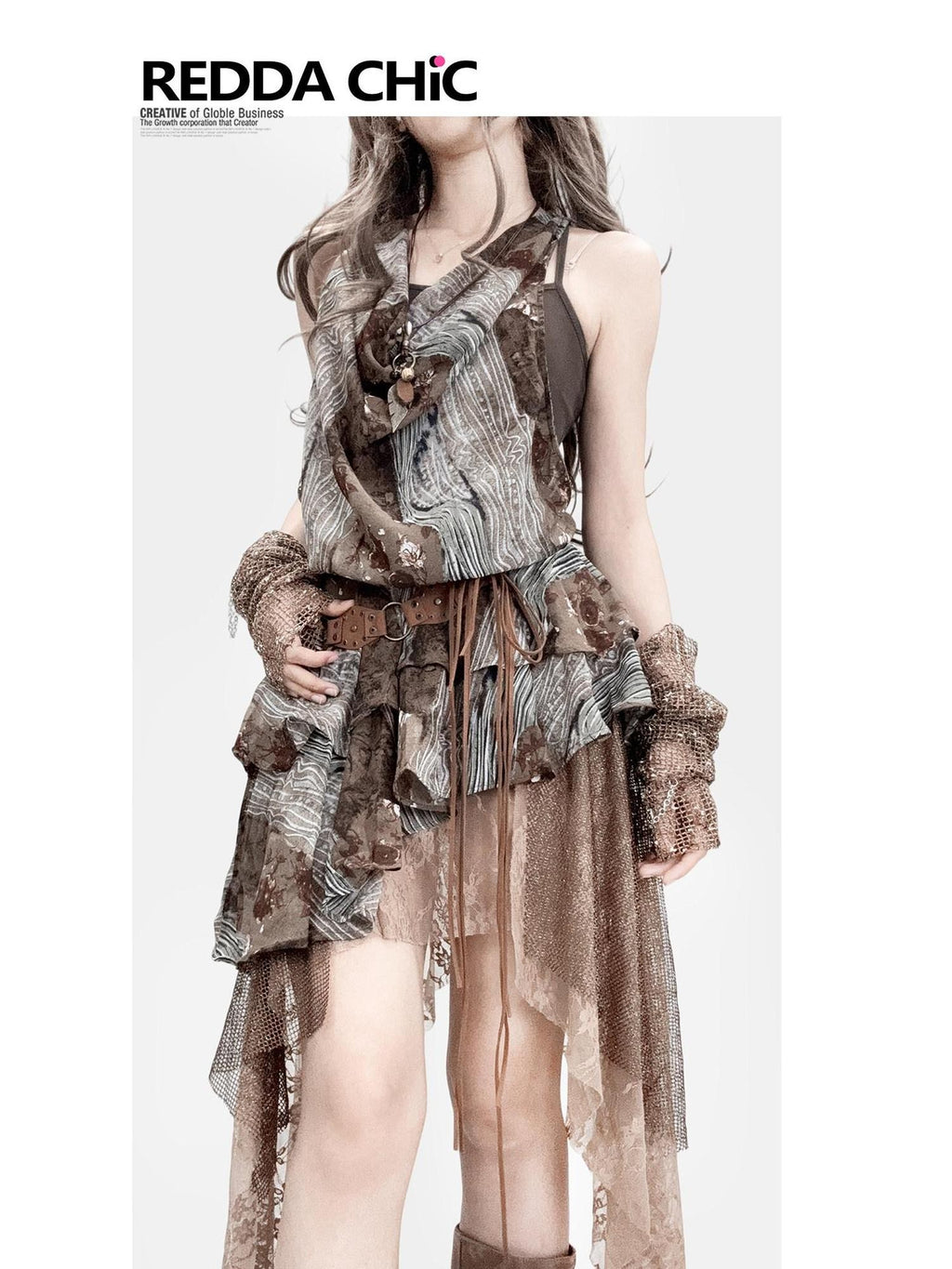 REDDACHIC Gradient Print Halter Faux Two Piece Irregular Women'S Chiffon Midi Dresses