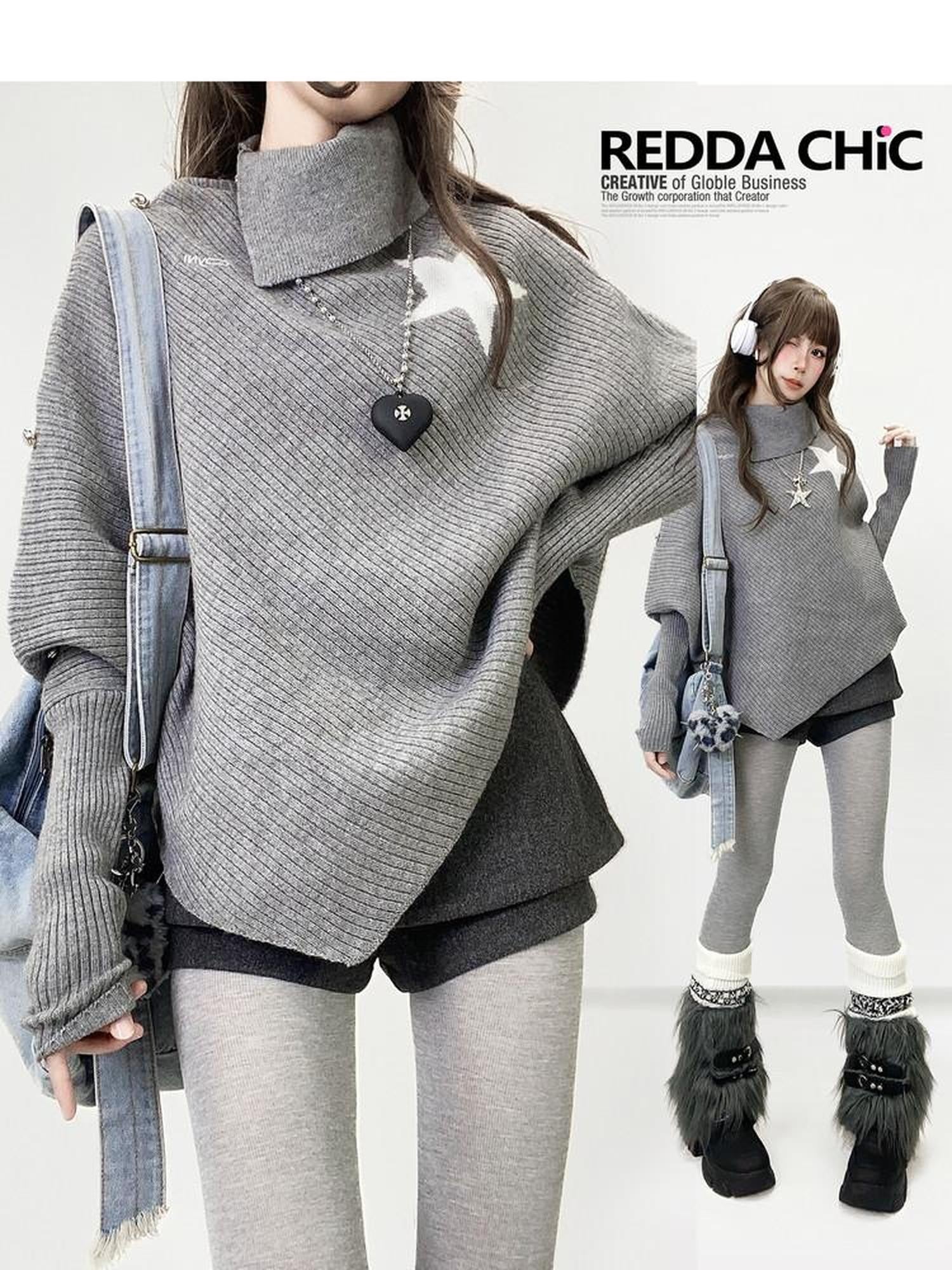 REDDACHIC Gray Asymmetric Shawl Neck Oversized Loose Women'S Knit Sweaters