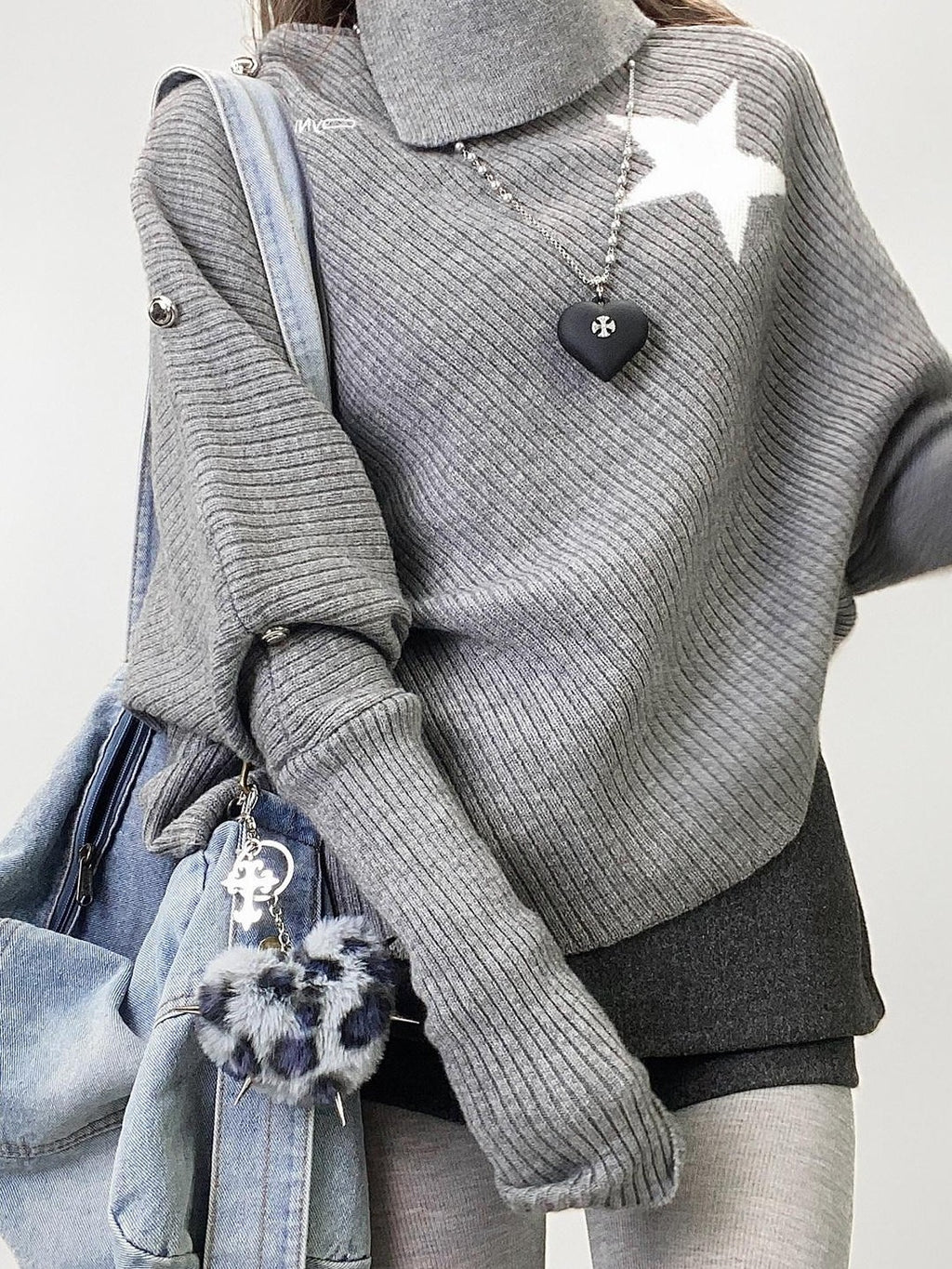 REDDACHIC Gray Asymmetric Shawl Neck Oversized Loose Women'S Knit Sweaters