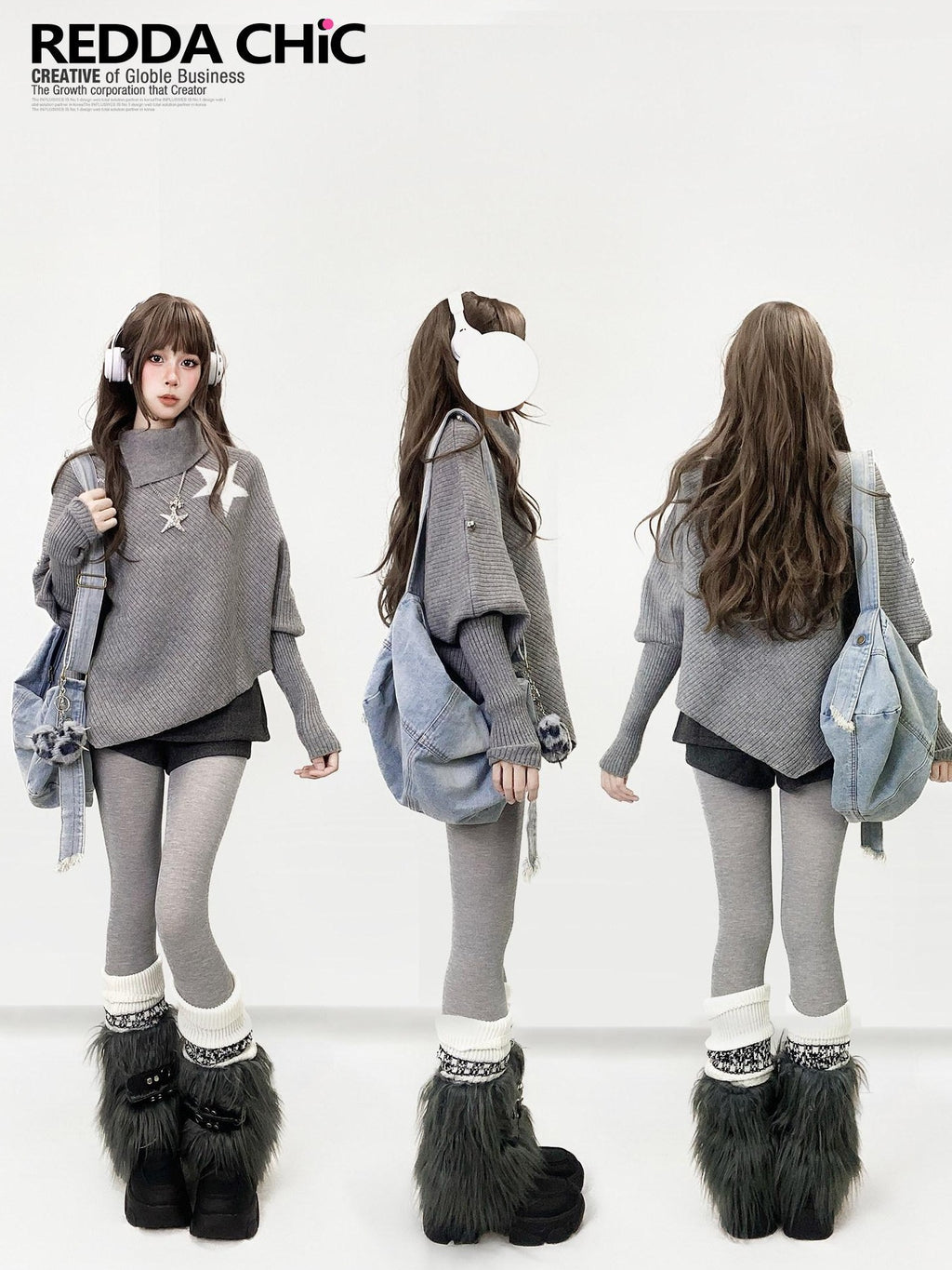 REDDACHIC Gray Asymmetric Shawl Neck Oversized Loose Women'S Knit Sweaters
