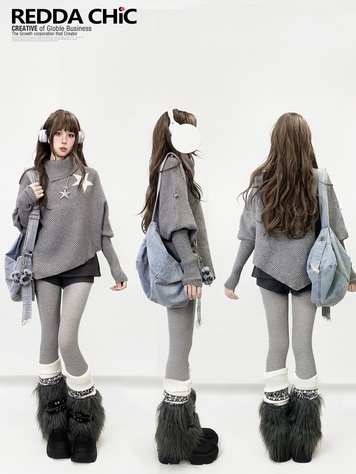 REDDACHIC Gray Asymmetric Shawl Neck Oversized Loose Women'S Knit Sweaters