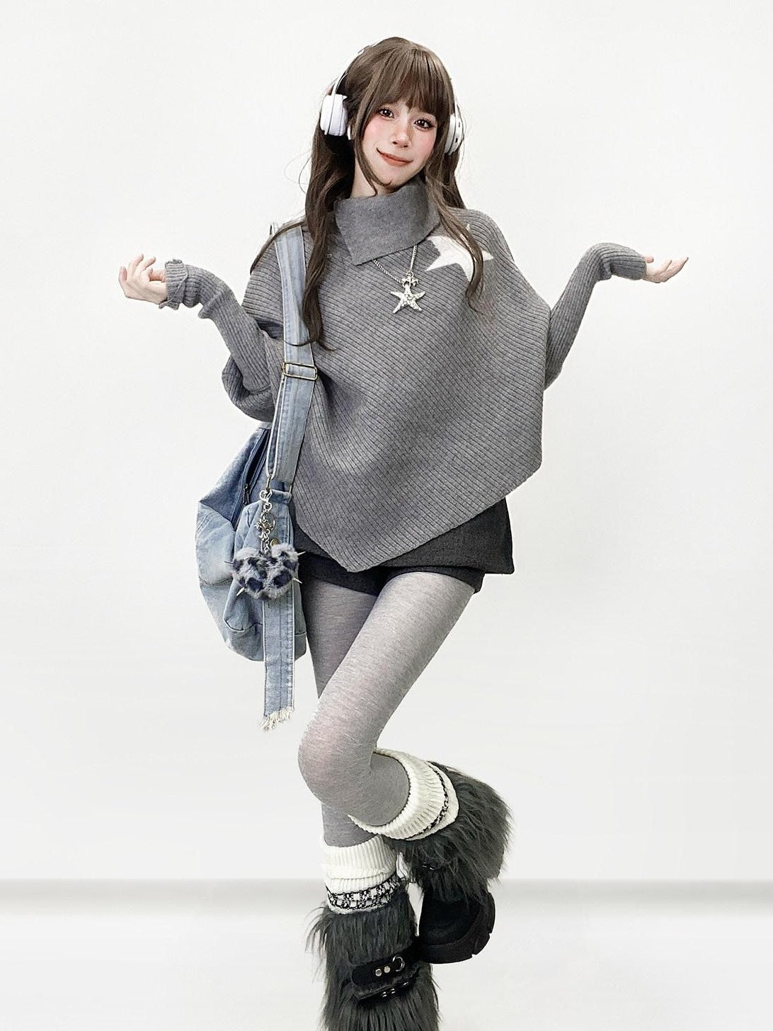 REDDACHIC Gray Asymmetric Shawl Neck Oversized Loose Women'S Knit Sweaters