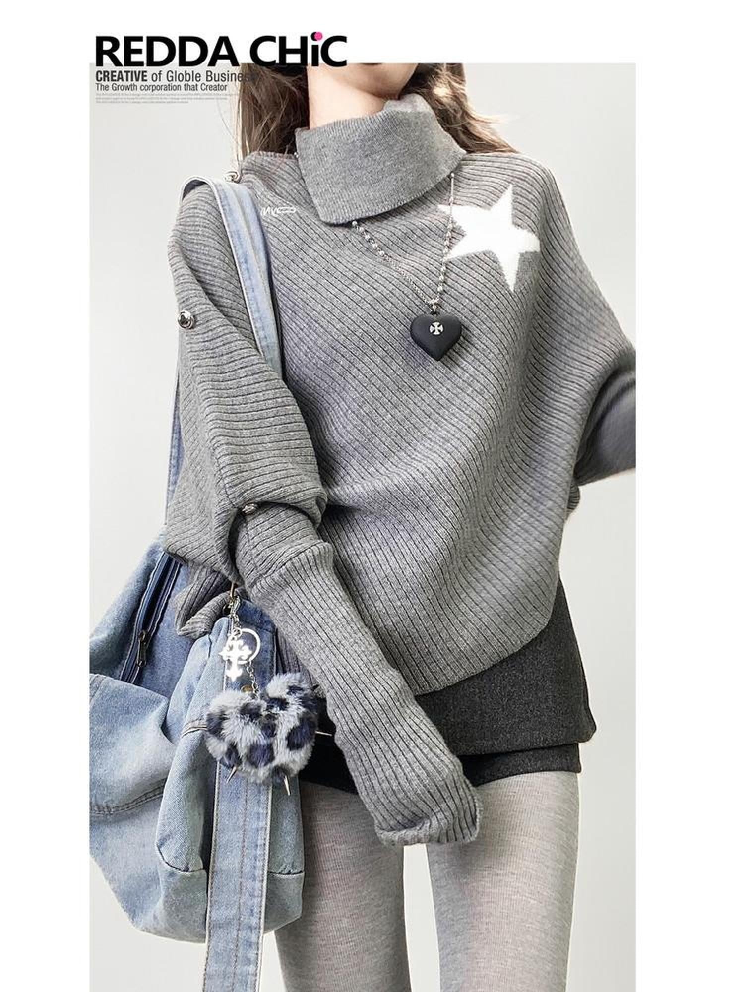 REDDACHIC Gray Asymmetric Shawl Neck Oversized Loose Women'S Knit Sweaters