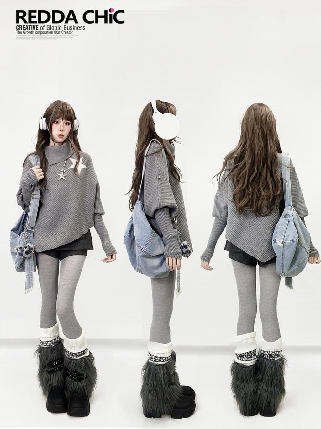 REDDACHIC Gray Asymmetric Shawl Neck Oversized Loose Women'S Knit Sweaters