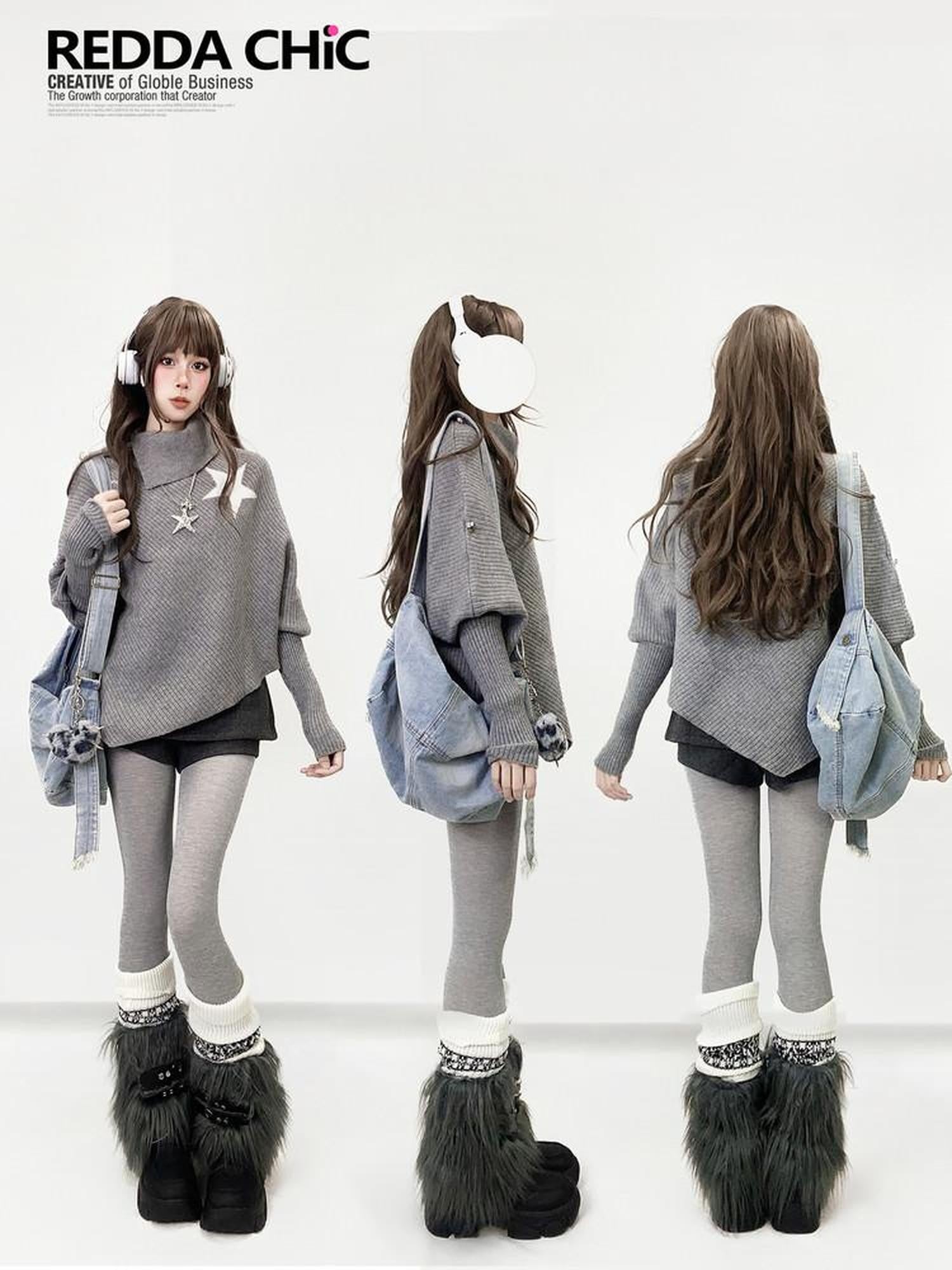 REDDACHIC Gray Asymmetric Shawl Neck Oversized Loose Women'S Knit Sweaters