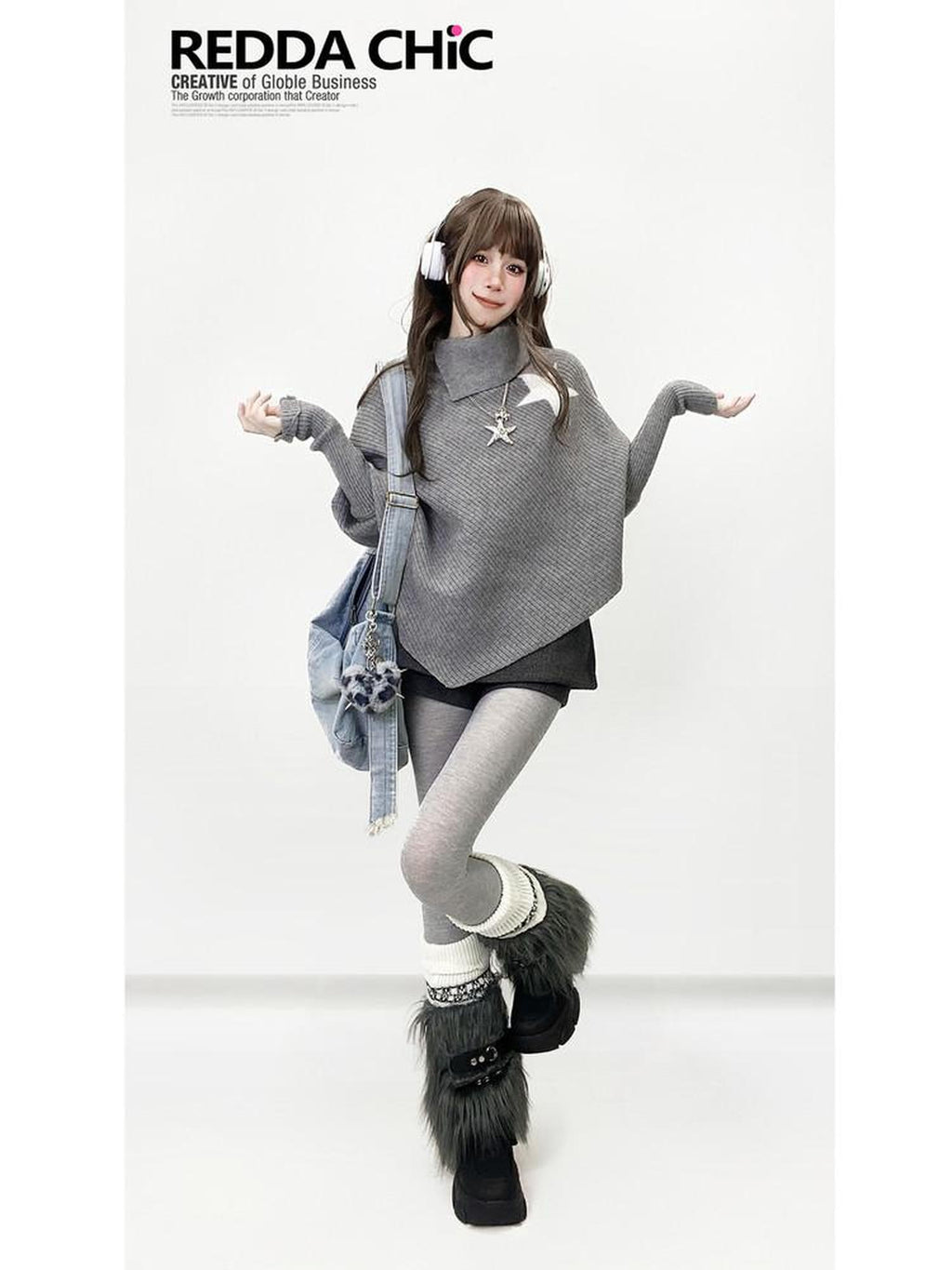 REDDACHIC Gray Asymmetric Shawl Neck Oversized Loose Women'S Knit Sweaters