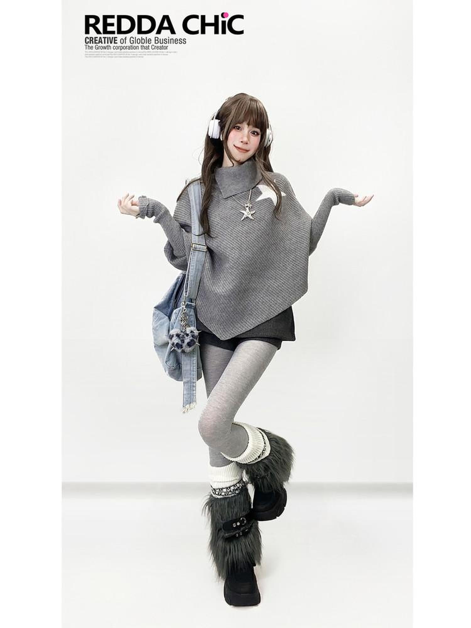 REDDACHIC Gray Asymmetric Shawl Neck Oversized Loose Women'S Knit Sweaters