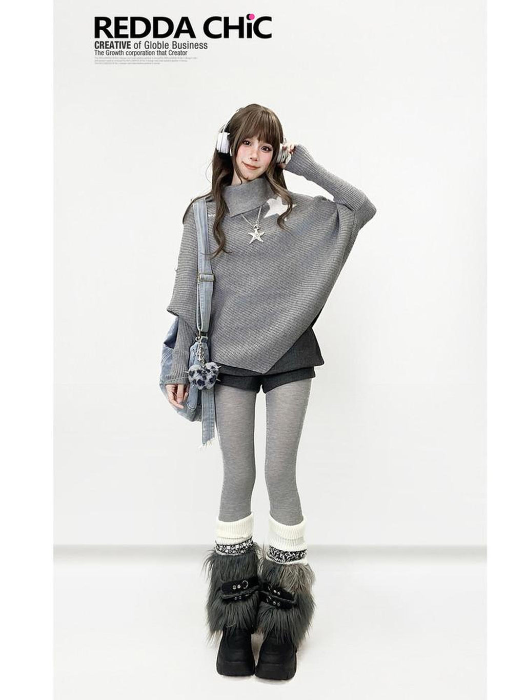 REDDACHIC Gray Asymmetric Shawl Neck Oversized Loose Women'S Knit Sweaters