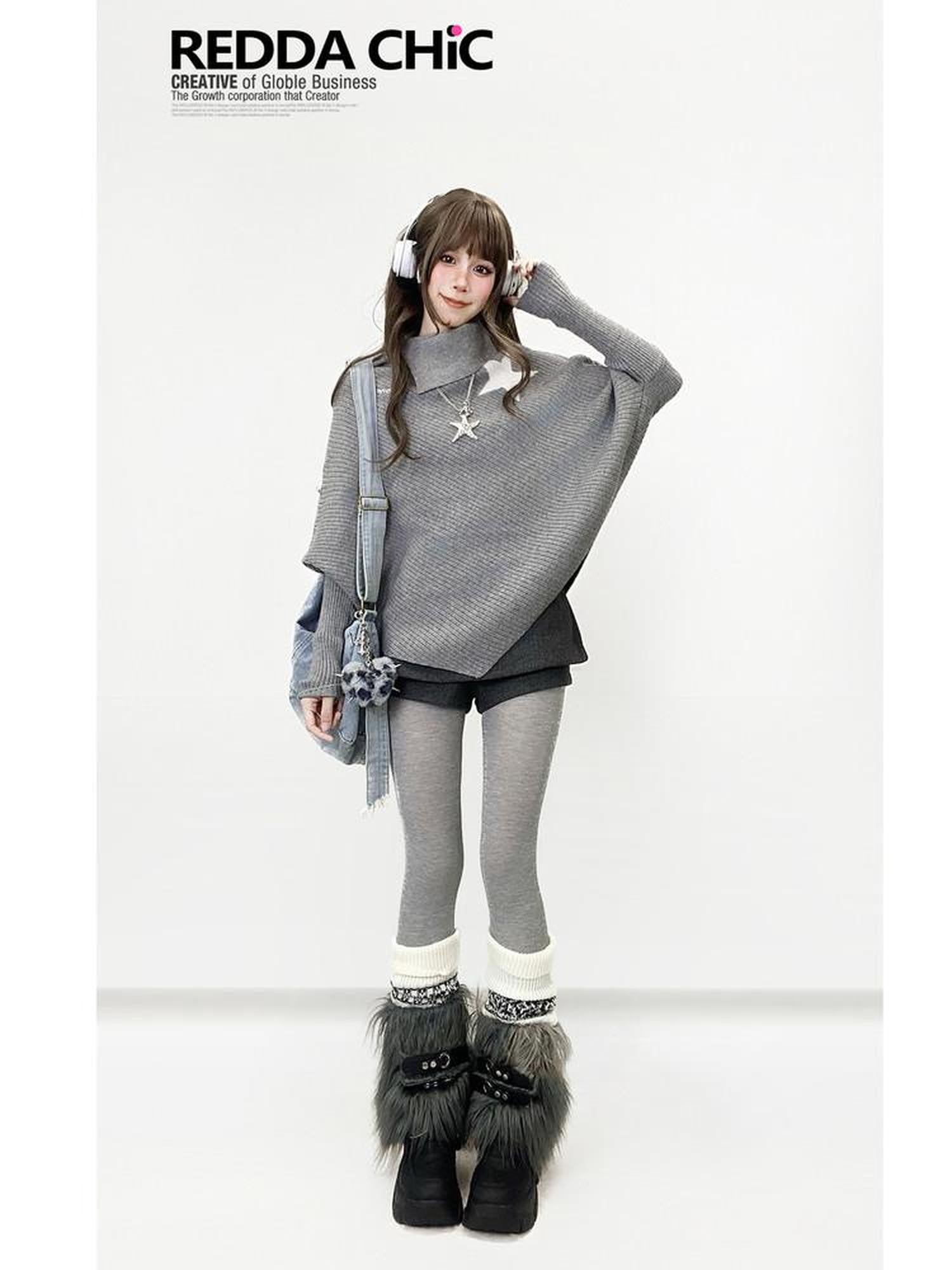 REDDACHIC Gray Asymmetric Shawl Neck Oversized Loose Women'S Knit Sweaters