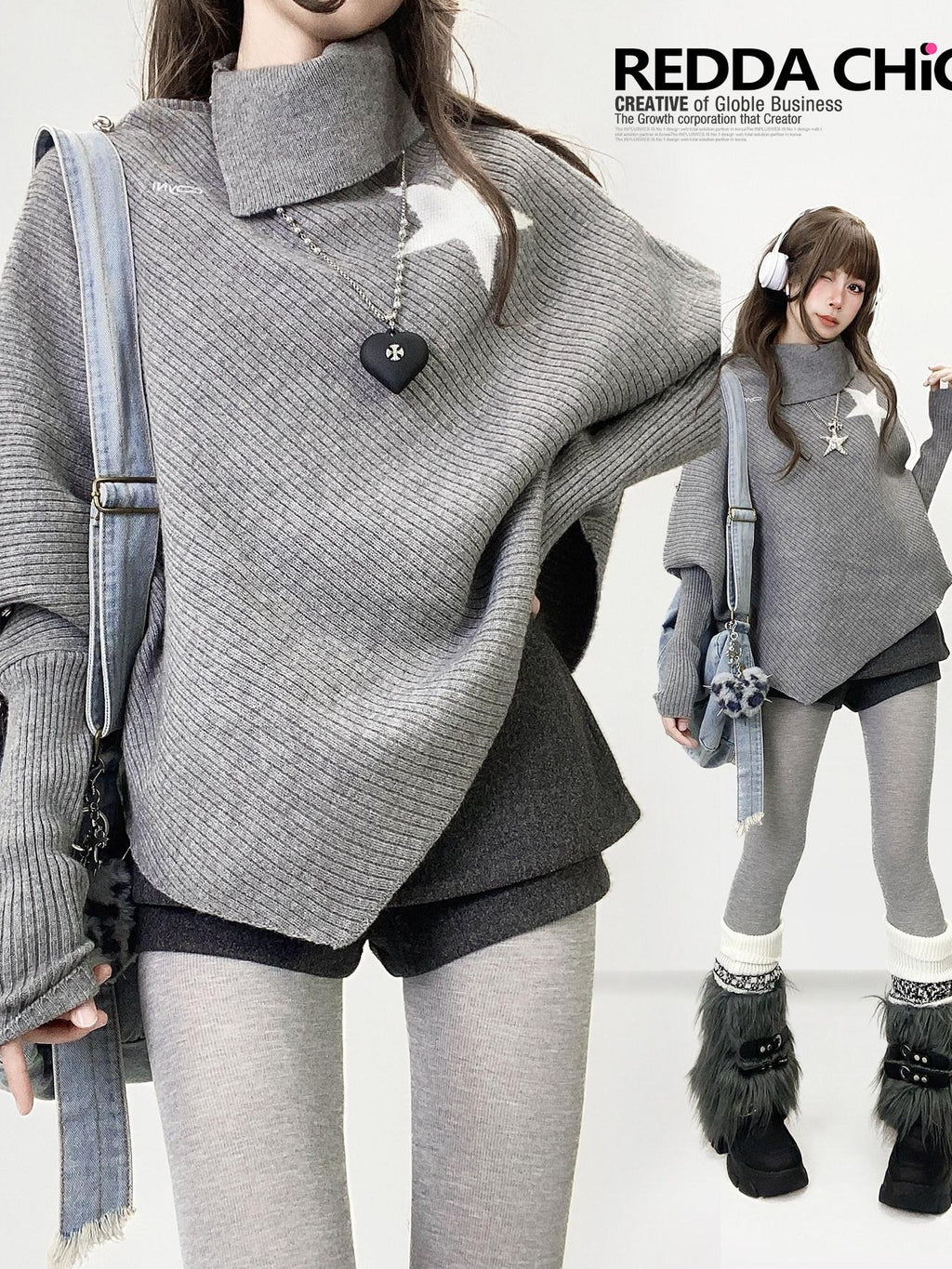 REDDACHIC Gray Asymmetric Shawl Neck Oversized Loose Women'S Knit Sweaters