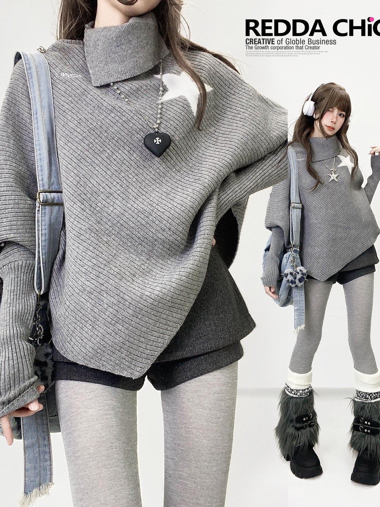 REDDACHIC Gray Asymmetric Shawl Neck Oversized Loose Women'S Knit Sweaters
