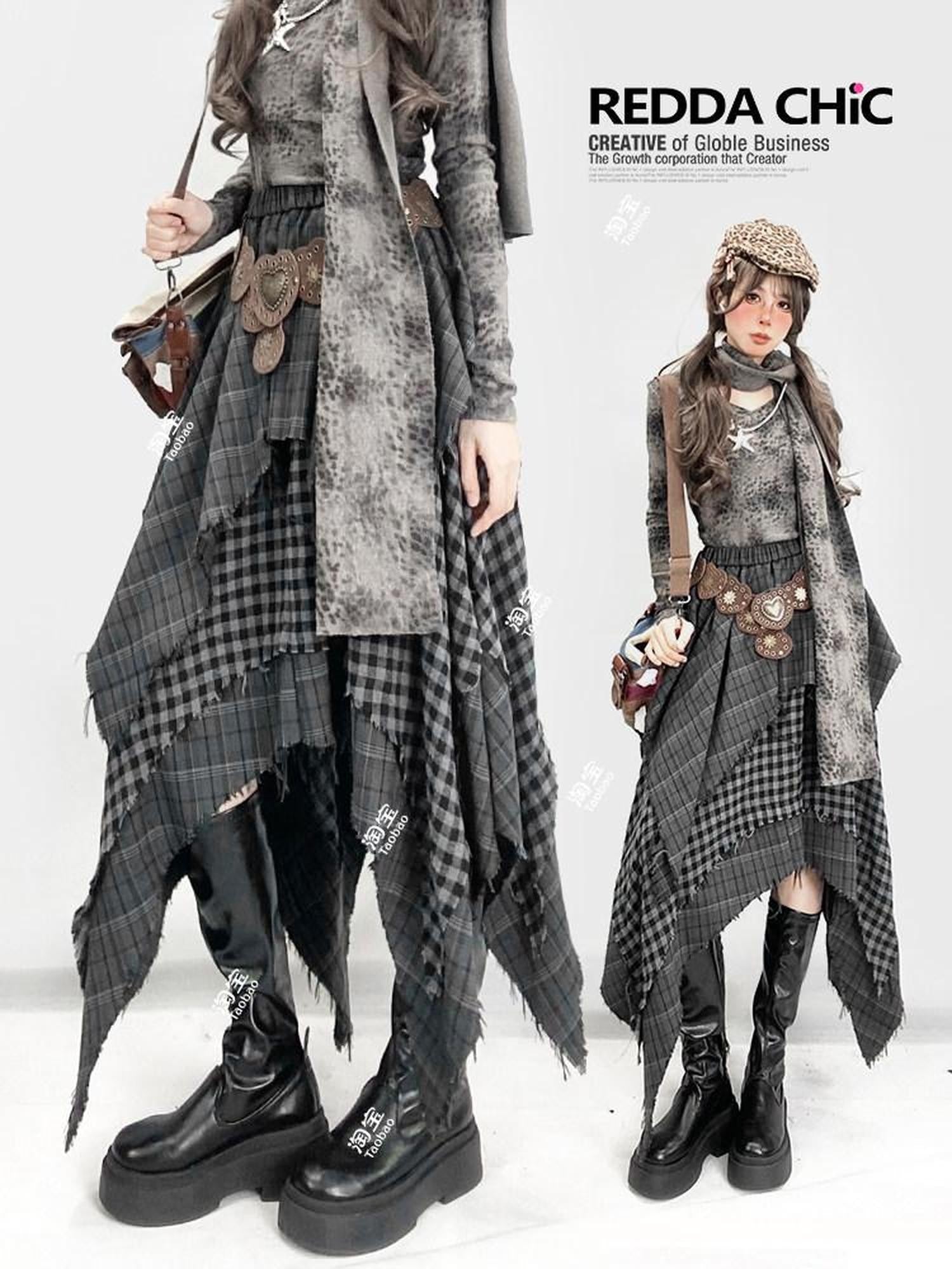 REDDACHIC Gray Asymmetrical Plaid Patchwork Pleated A Line High Waist Women'S Maxi Skirts
