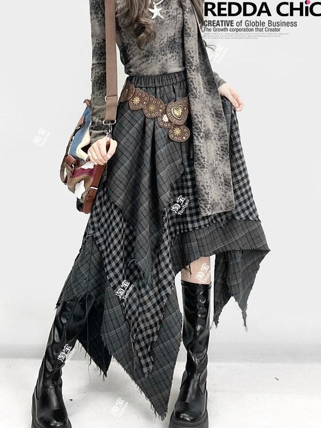 REDDACHIC Gray Asymmetrical Plaid Patchwork Pleated A Line High Waist Women'S Maxi Skirts