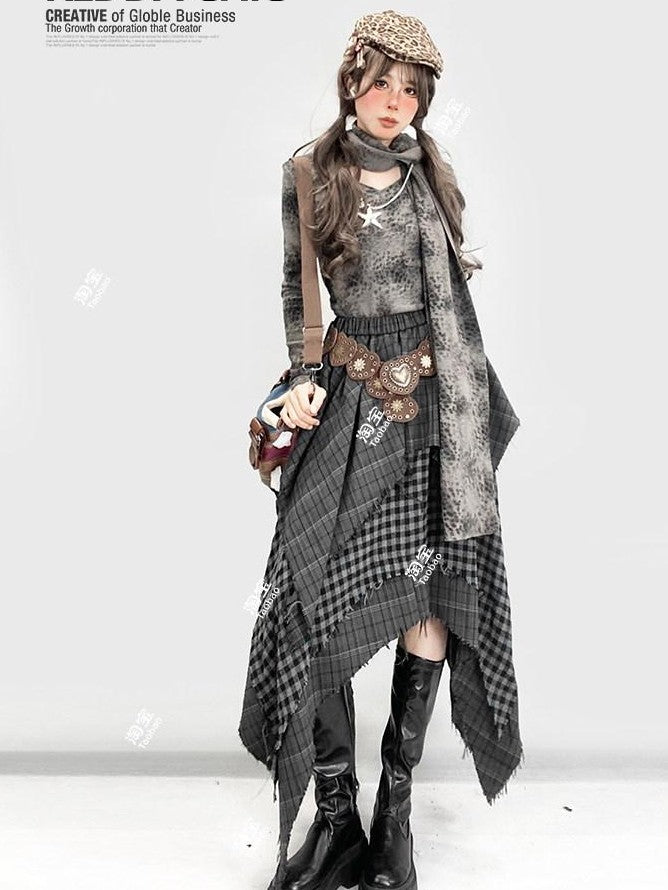 REDDACHIC Gray Asymmetrical Plaid Patchwork Pleated A Line High Waist Women'S Maxi Skirts