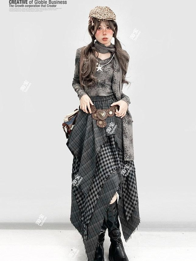 REDDACHIC Gray Asymmetrical Plaid Patchwork Pleated A Line High Waist Women'S Maxi Skirts