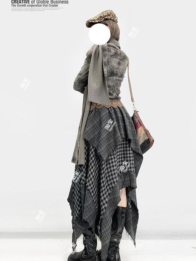 REDDACHIC Gray Asymmetrical Plaid Patchwork Pleated A Line High Waist Women'S Maxi Skirts