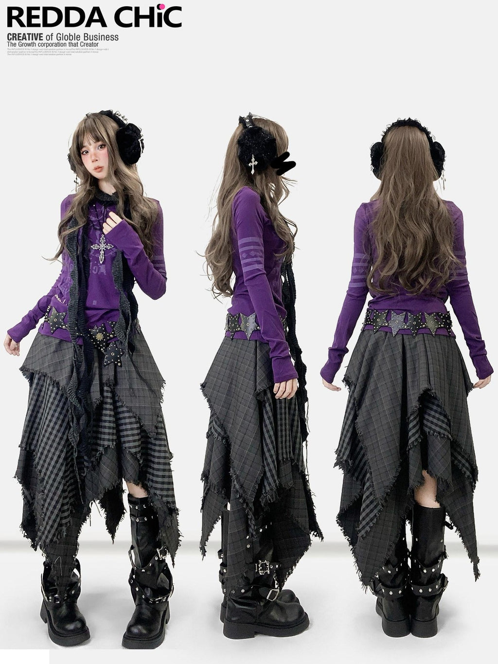 REDDACHIC Gray Asymmetrical Plaid Patchwork Pleated A Line High Waist Women'S Maxi Skirts