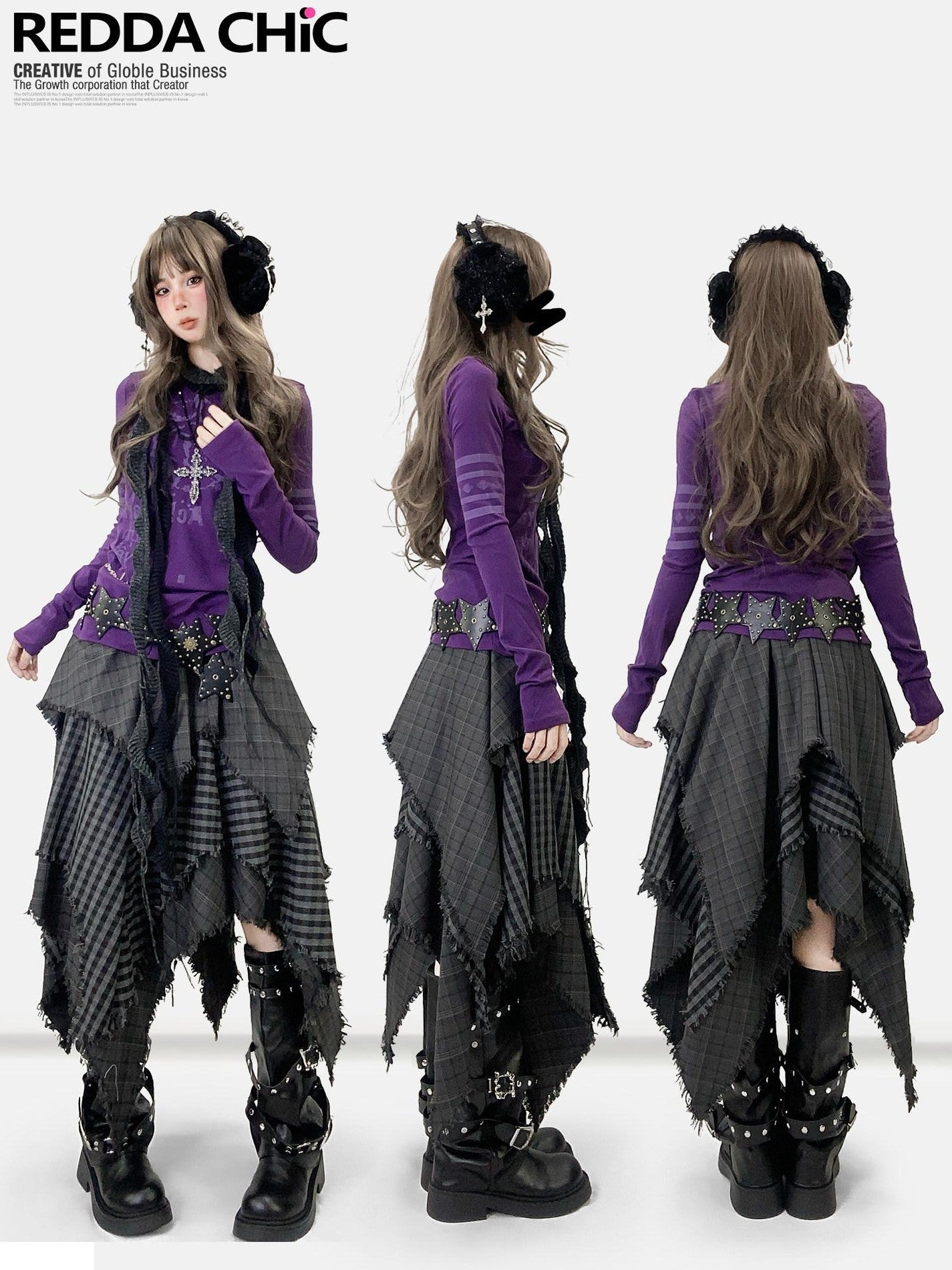 REDDACHIC Gray Asymmetrical Plaid Patchwork Pleated A Line High Waist Women'S Maxi Skirts