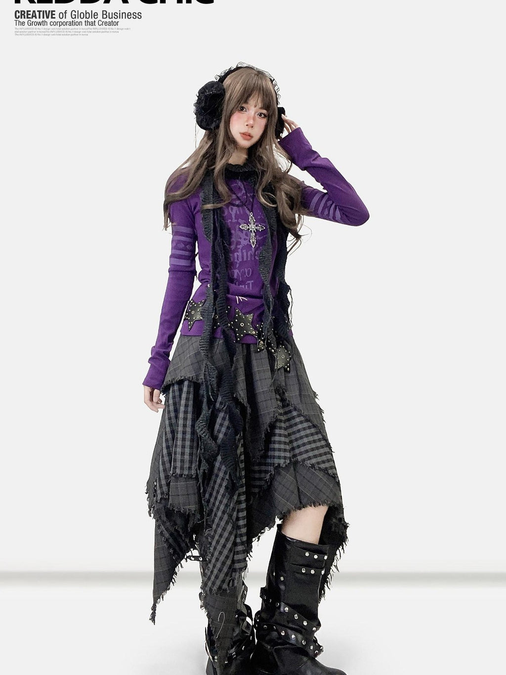 REDDACHIC Gray Asymmetrical Plaid Patchwork Pleated A Line High Waist Women'S Maxi Skirts