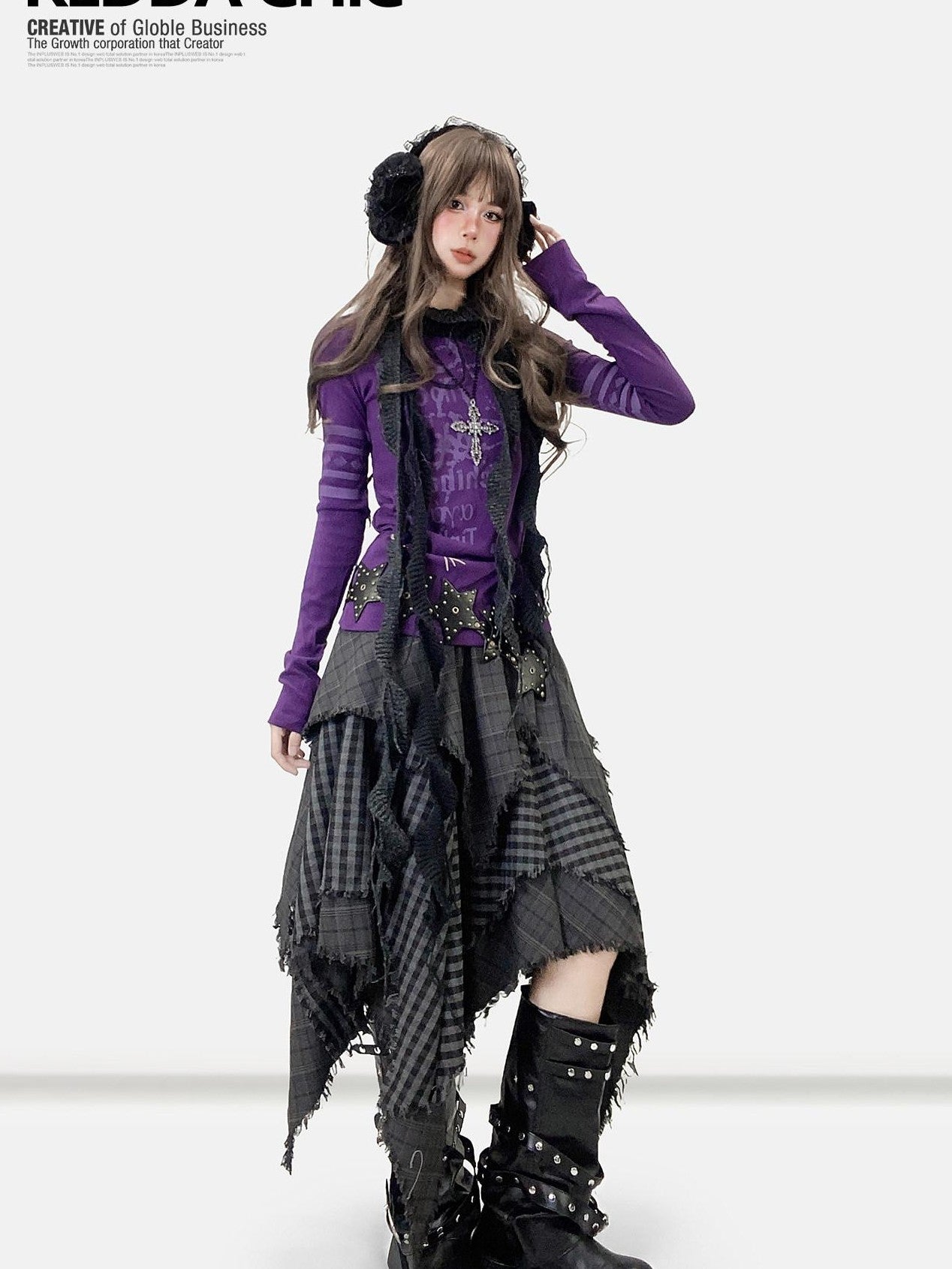 REDDACHIC Gray Asymmetrical Plaid Patchwork Pleated A Line High Waist Women'S Maxi Skirts
