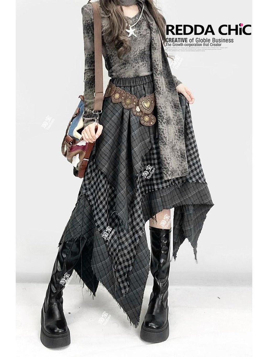 REDDACHIC Gray Asymmetrical Plaid Patchwork Pleated A Line High Waist Women'S Maxi Skirts