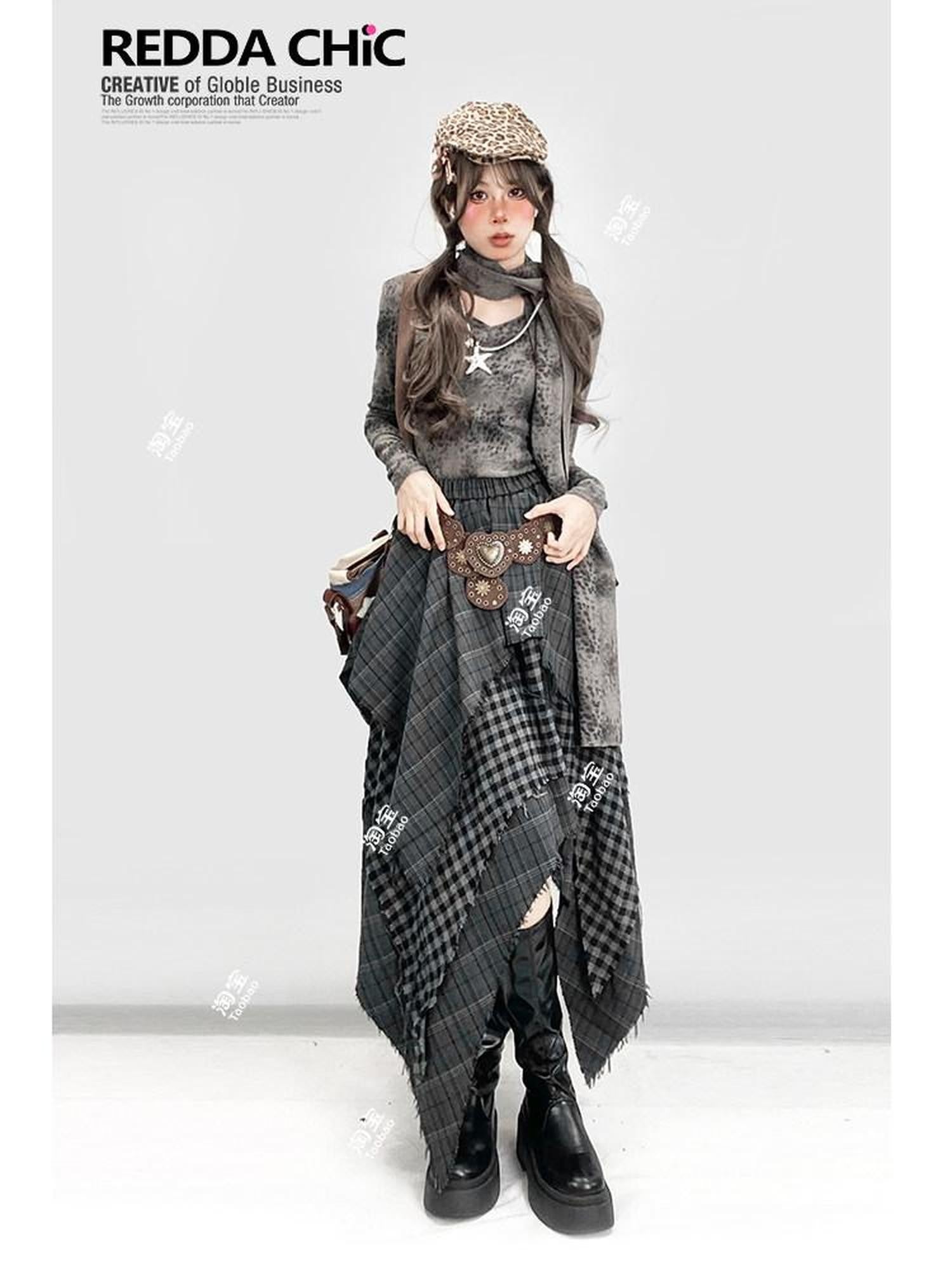 REDDACHIC Gray Asymmetrical Plaid Patchwork Pleated A Line High Waist Women'S Maxi Skirts