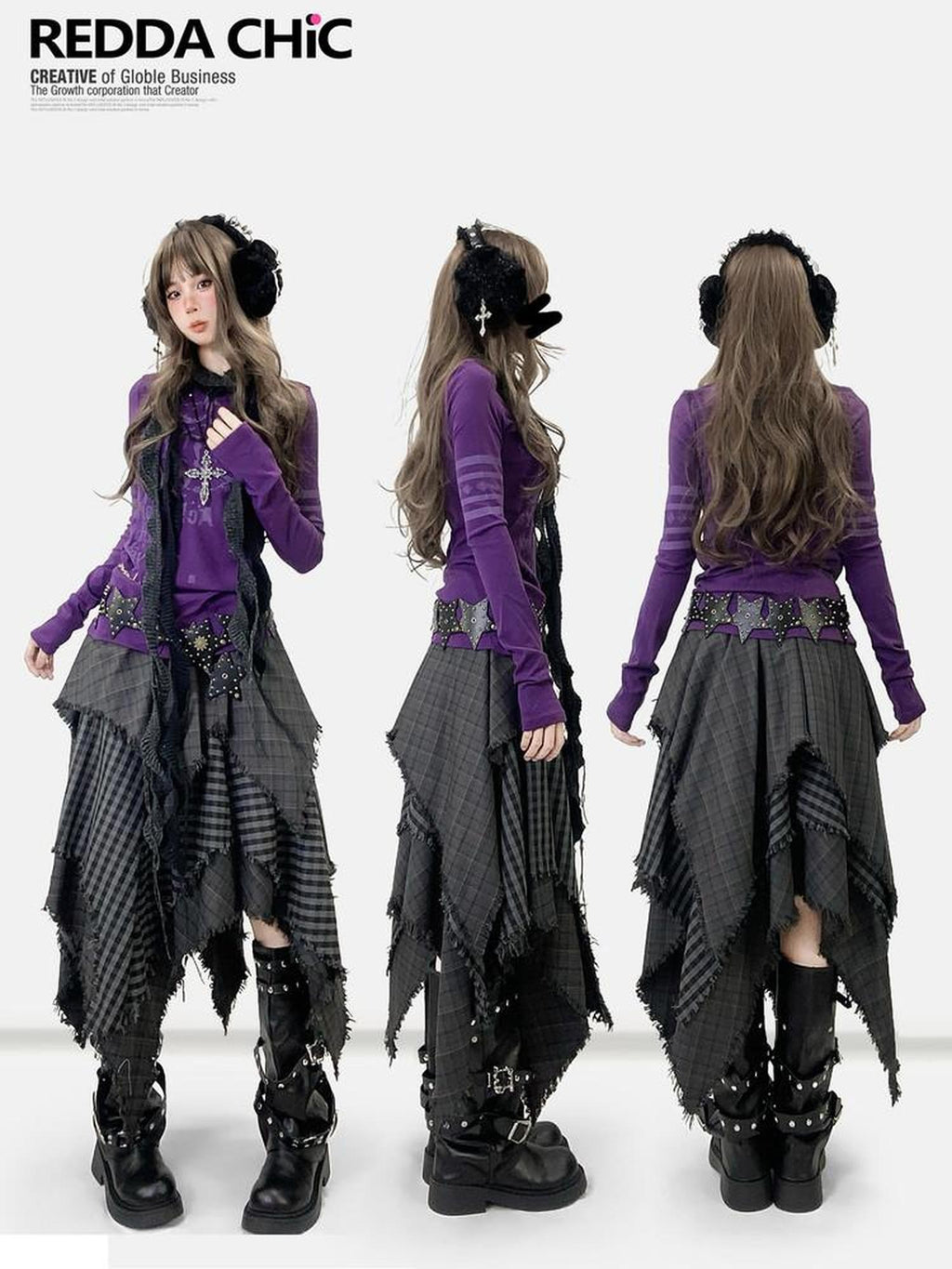REDDACHIC Gray Asymmetrical Plaid Patchwork Pleated A Line High Waist Women'S Maxi Skirts